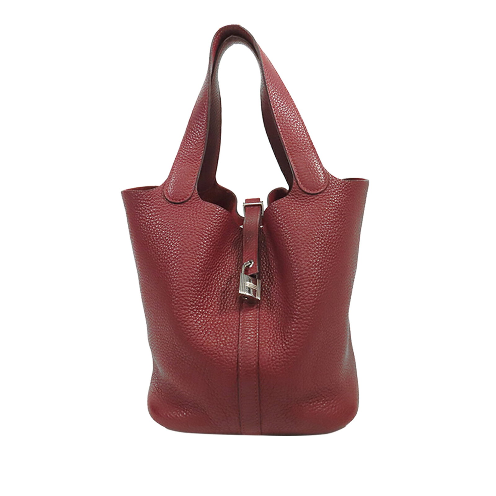Hermes Picotin Lock 22 Rouge Grenat leather bag: Hermes Picotin Lock 22 Rouge Grenat leather bag The Hermes Clemence Picotin Lock 22 is crafted from Clemence leather in Rouge Grenat, featuring flat leather handles and an open top with a pull-through
