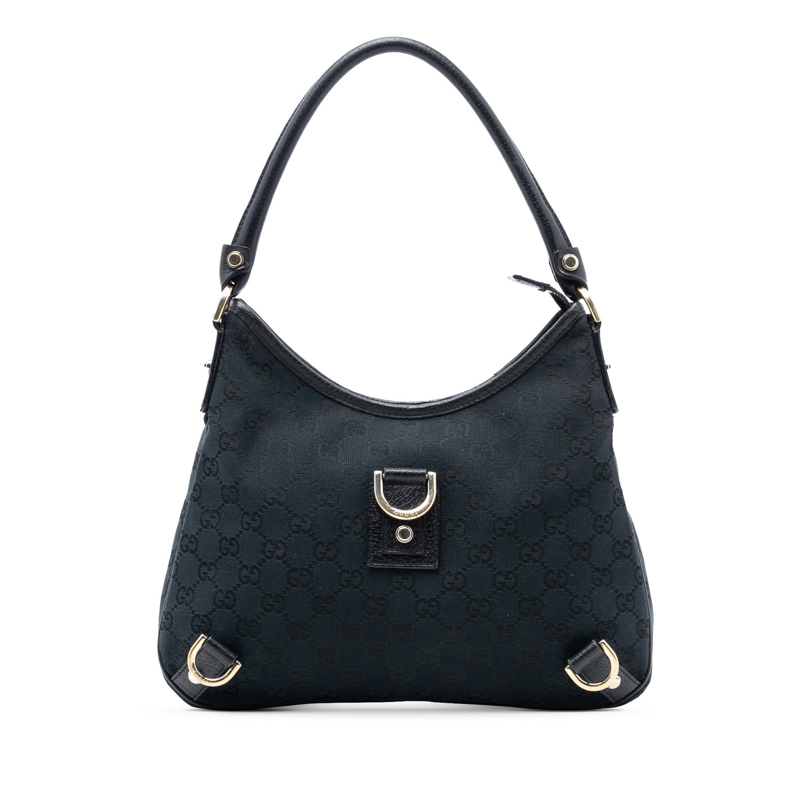 Gucci Abbey D Ring Black Canvas Shoulder Bag with Leather Trim: Gucci Abbey D Ring Black Canvas Shoulder Bag with Leather Trim This Gucci GG Canvas Abbey D Ring Shoulder Bag features a canvas body with leather trim, a rolled leather shoulder strap, a top zip closu