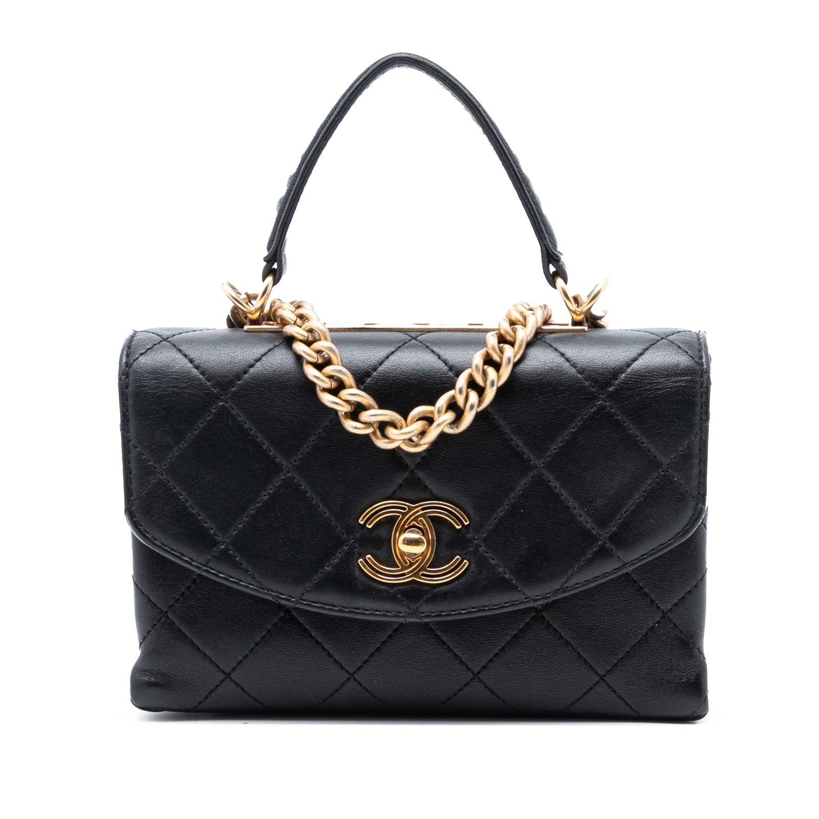 Chanel Trendy Spirit Black Quilted Lambskin Small Top Handle Satchel: Chanel Trendy Spirit Black Quilted Lambskin Small Top Handle Satchel This Chanel Small Quilted Lambskin Trendy Spirit Top Handle Bag features a quilted black leather body, a flat leather top handle, a