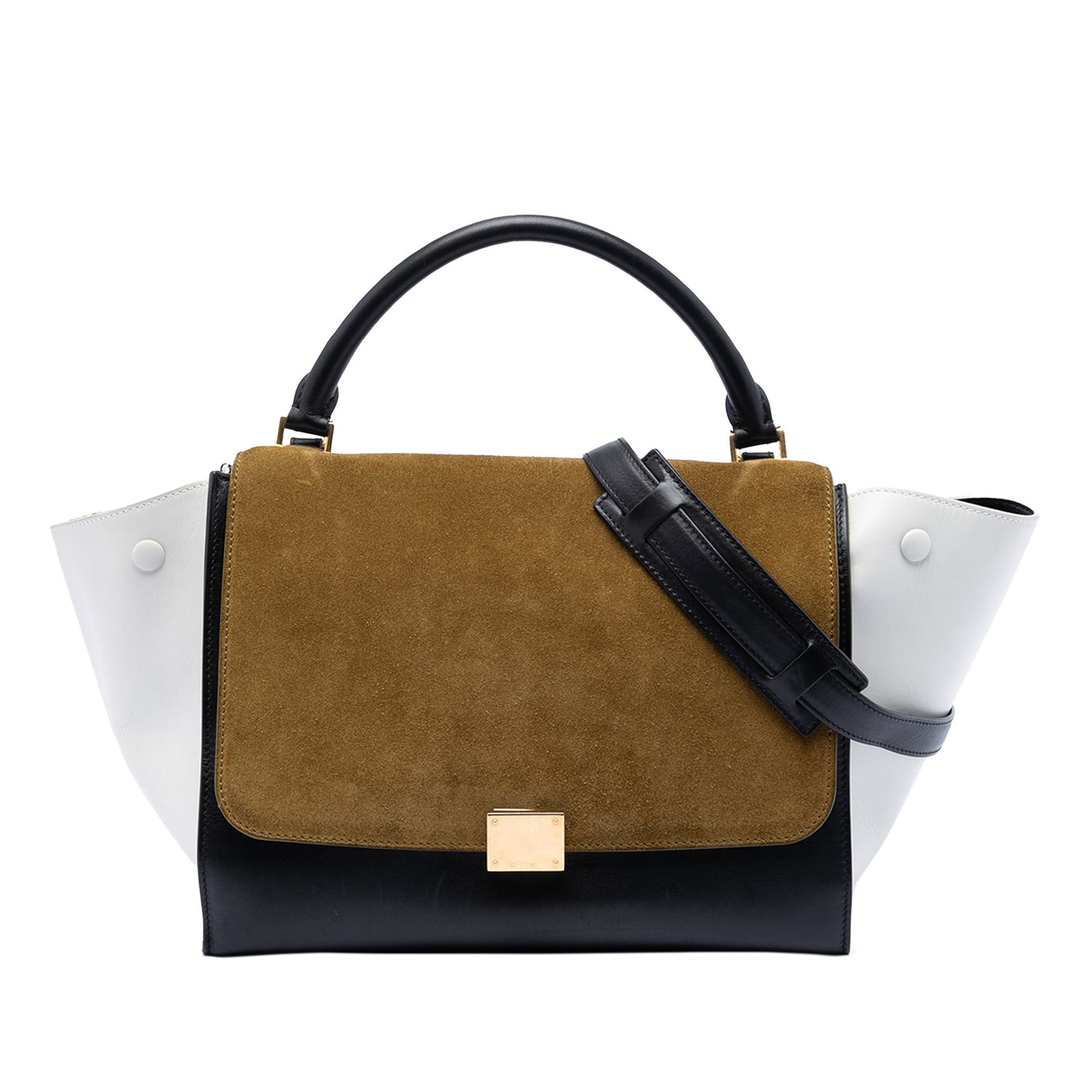 Celine Trapeze Medium Satchel in Calfskin Suede Black: Celine Trapeze Medium Satchel in Calfskin Suede Black This Celine Medium Tricolor Trapeze Satchel is crafted from calfskin and suede, featuring a rolled leather top handle and a detachable flat leathe