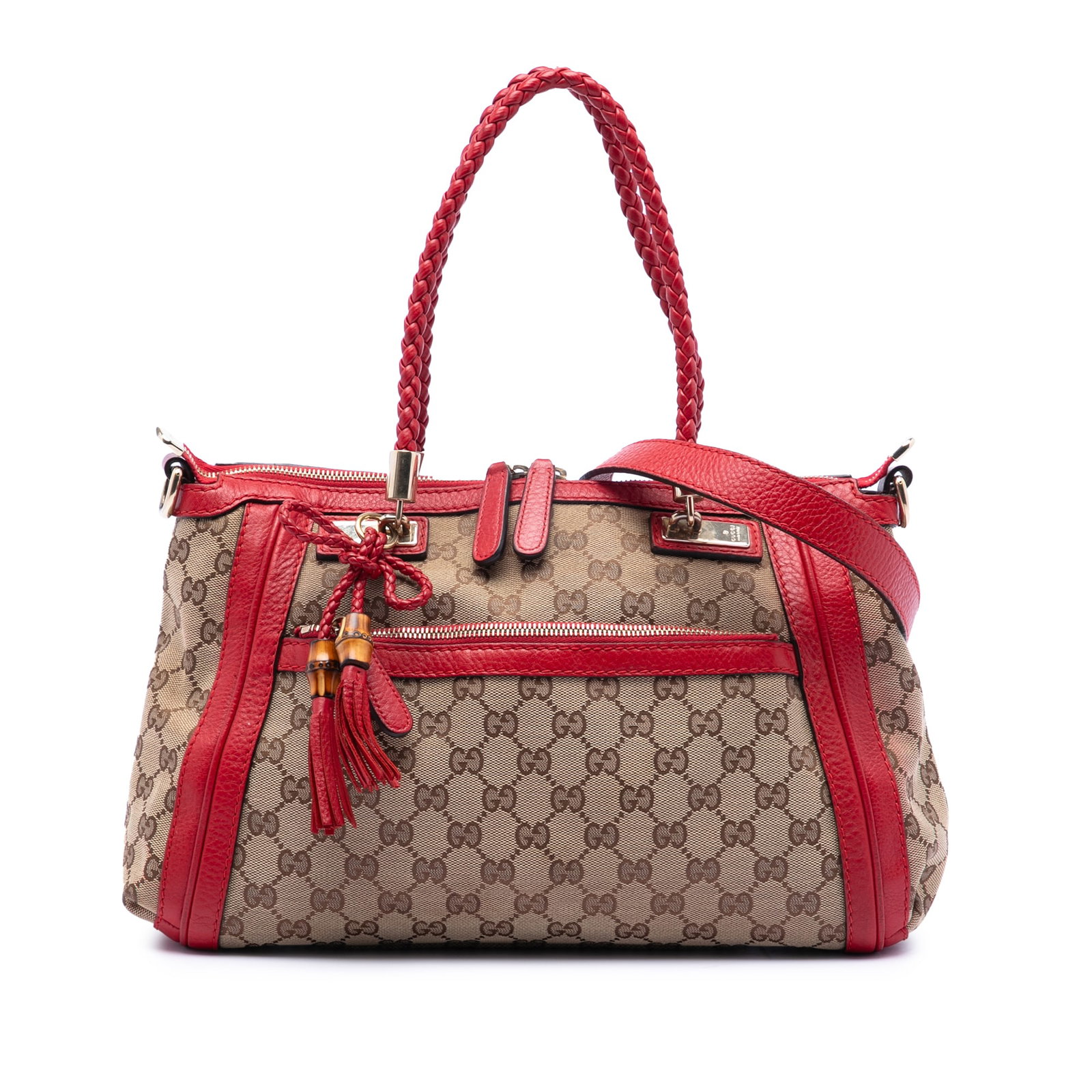 Gucci Bella GG Canvas Satchel with Braided Handles and Tassel: Gucci Bella GG Canvas Satchel with Braided Handles and Tassel This Gucci GG Canvas Bella Satchel features a beige canvas body accented with leather trim and braided leather handles. The bag offers a d