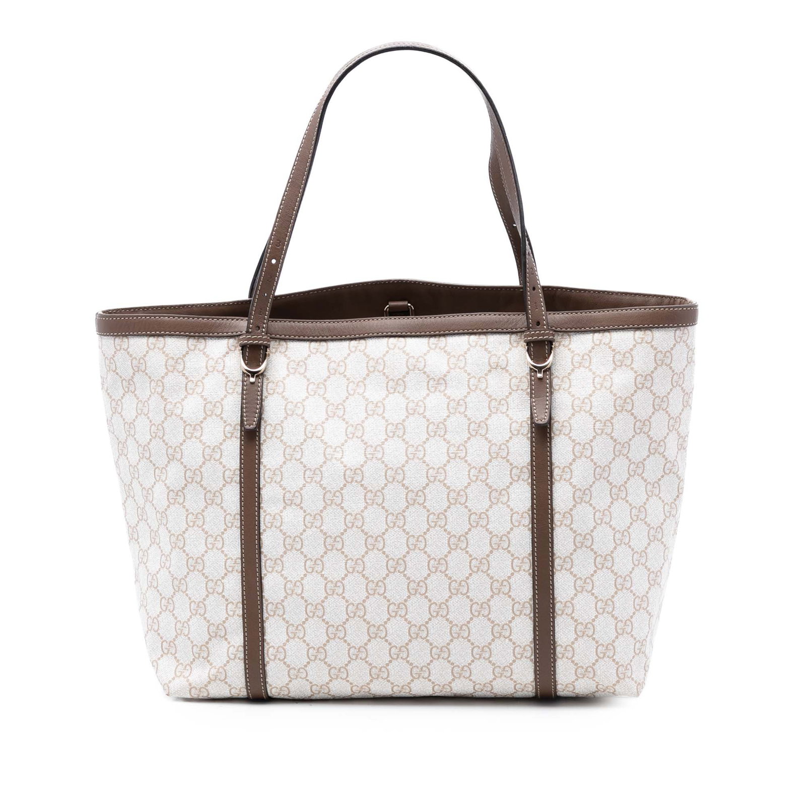 Gucci GG Supreme Nice coated canvas tote bag: Gucci GG Supreme Nice coated canvas tote bag This Gucci GG Supreme Nice Tote is crafted from coated canvas with leather trim, featuring flat leather straps, an open top with a lobster clasp closure, a