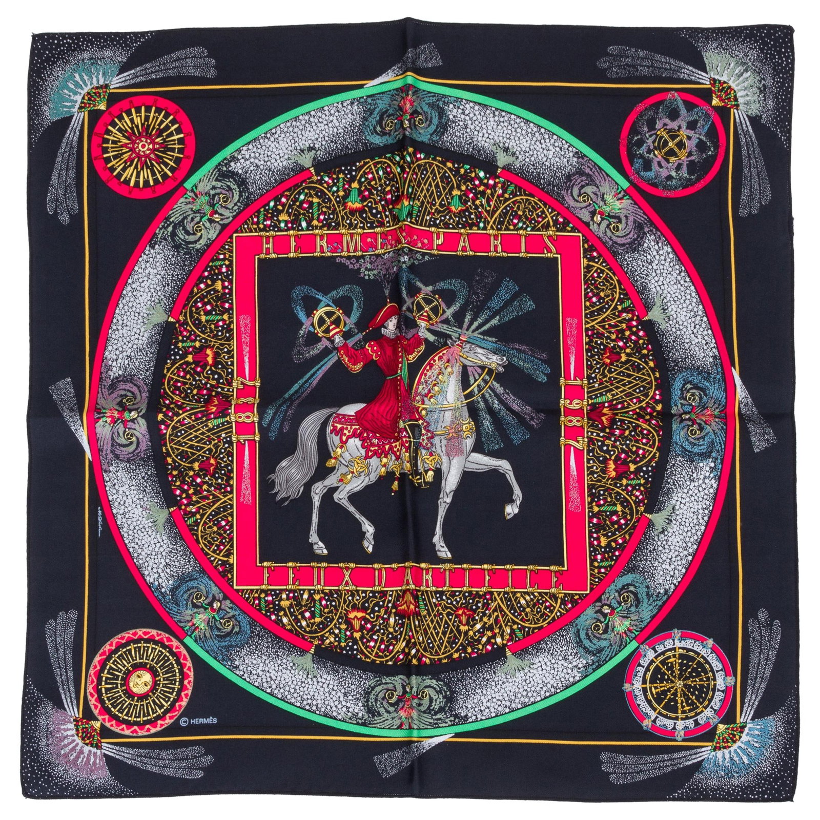 Hermes Feux d'Artifice Black Silk Twill Pochette Scarf 16.5" (1 of 4)