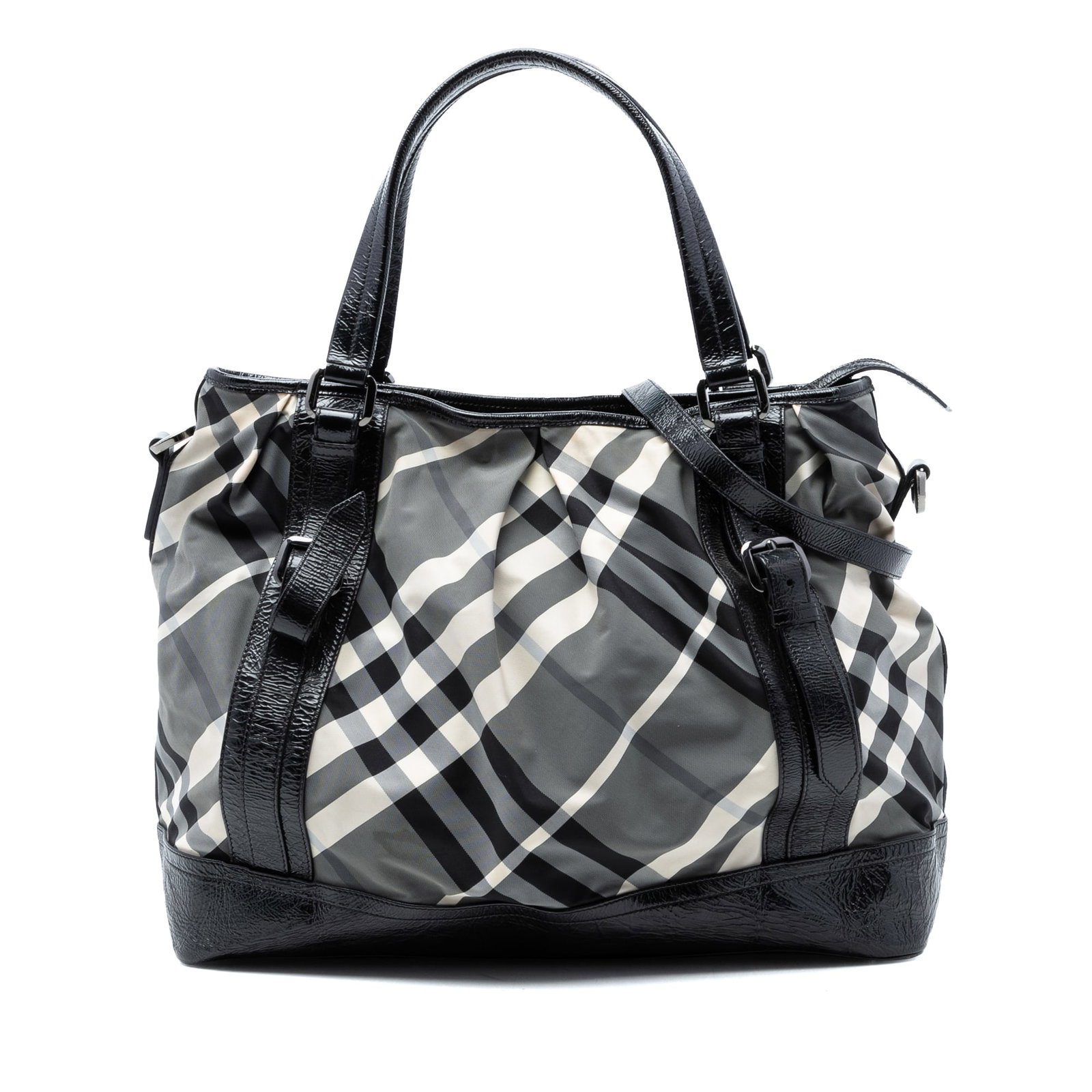 Burberry Beat Check nylon satchel with patent trim: Burberry Beat Check nylon satchel with patent trim This Burberry Large Beat Check Nylon Lowry Satchel features a durable nylon body with patent leather trim, flat patent leather handles, and a detacha