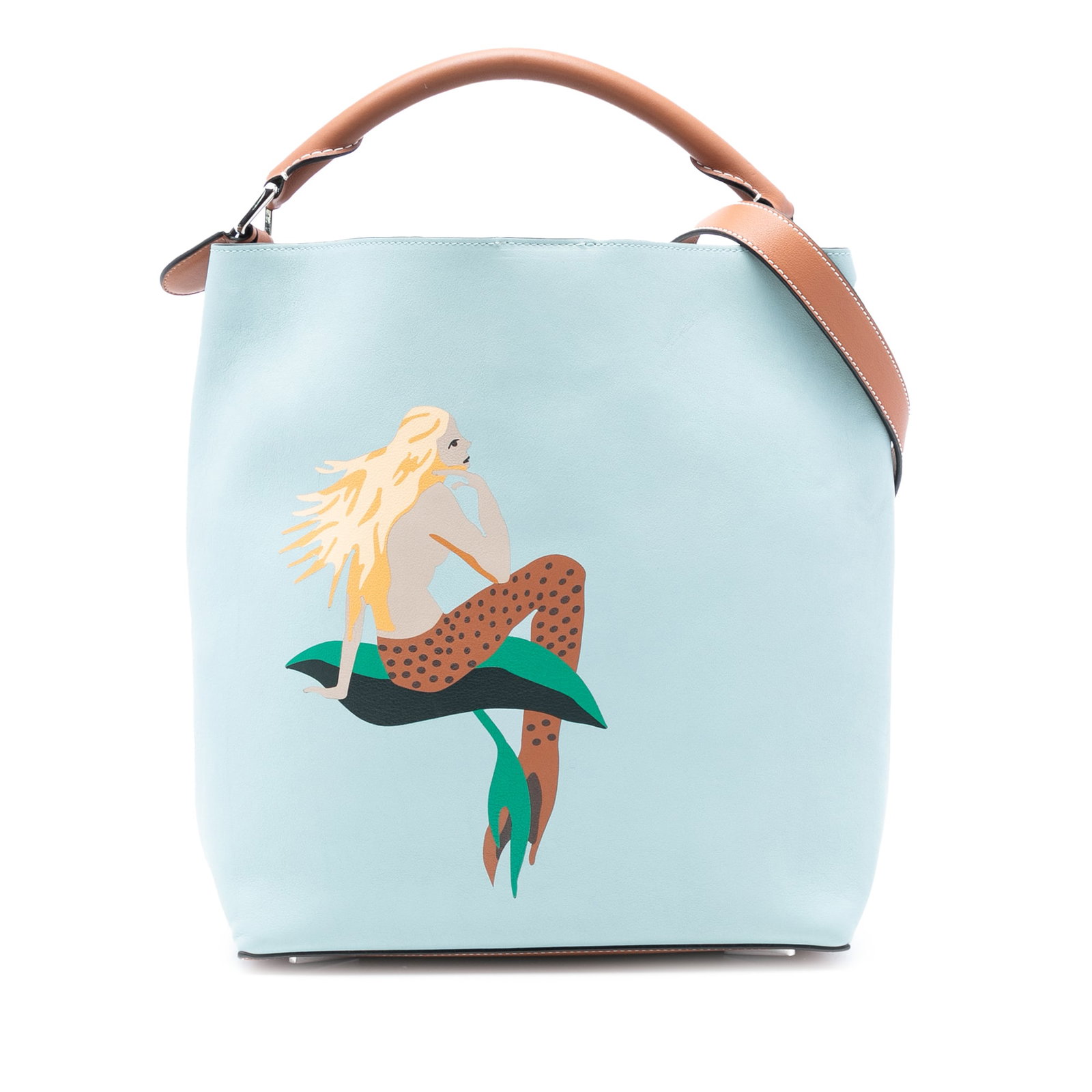 Paulas Ibiza Mermaid Pattern Leather Bucket Bag by LOEWE: Paulas Ibiza Mermaid Pattern Leather Bucket Bag by LOEWE This LOEWE Paulas Ibiza Mermaid Print Leather Bucket Bag features a printed leather exterior with a distinctive mermaid motif, a rolled handle,