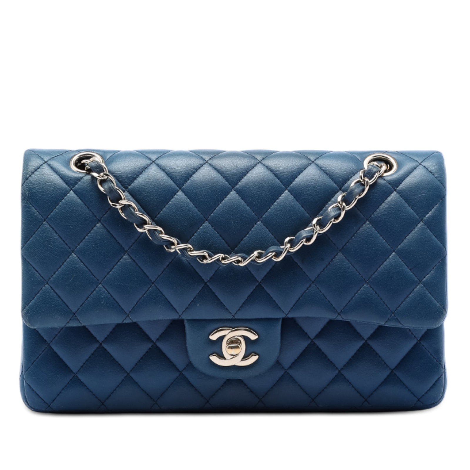 Chanel Classic Medium Lambskin Flap Bag Blue: Chanel Classic Medium Lambskin Flap Bag Blue This Chanel Medium Classic Double Flap shoulder bag is crafted from quilted lambskin leather in blue. It features leather-woven chain straps, double front 