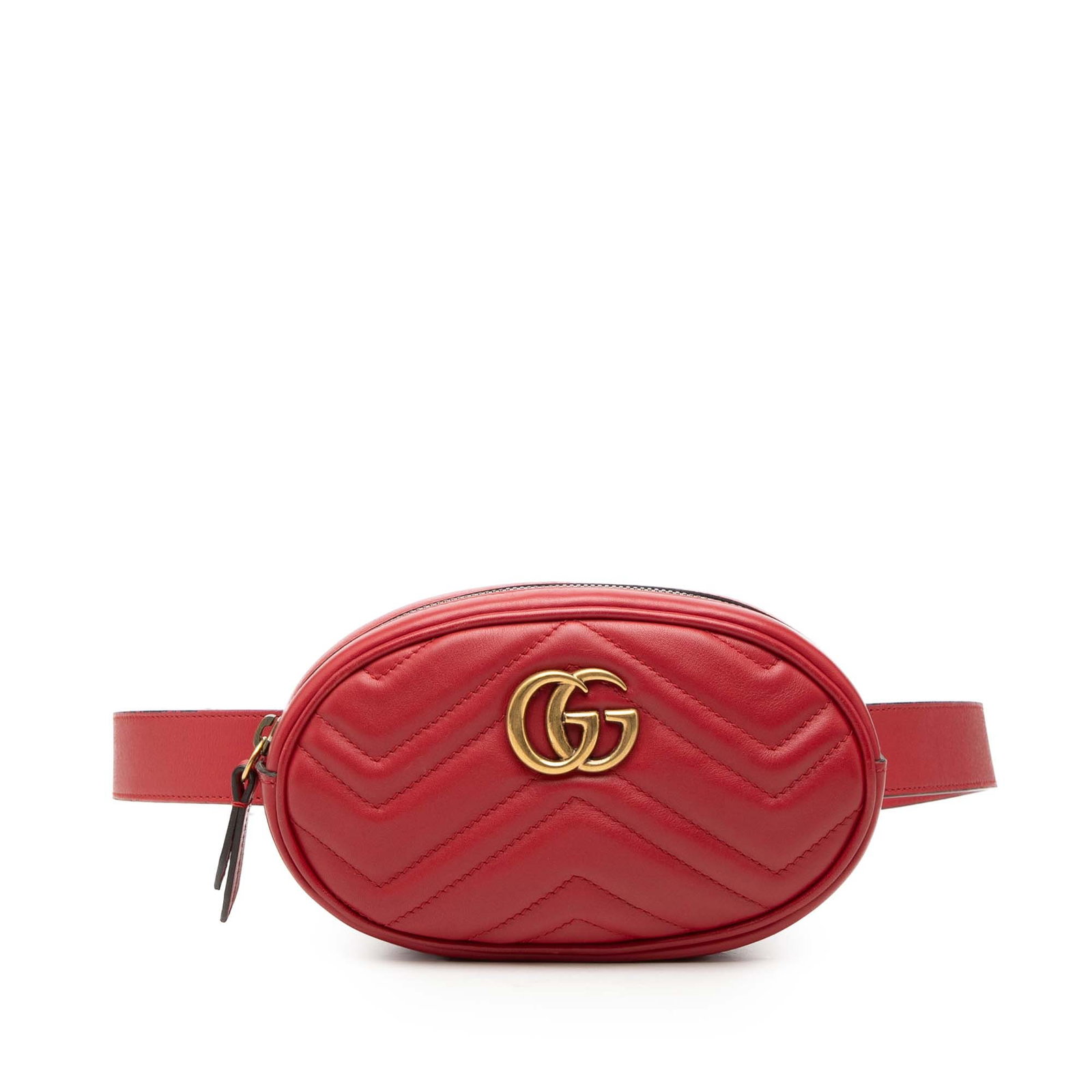 Gucci red quilted leather GG Marmont belt bag: Gucci red quilted leather GG Marmont belt bag This Gucci GG Marmont Matelasse Leather Belt Bag features a quilted leather exterior in red and an adjustable flat leather waist strap. It is designed wit