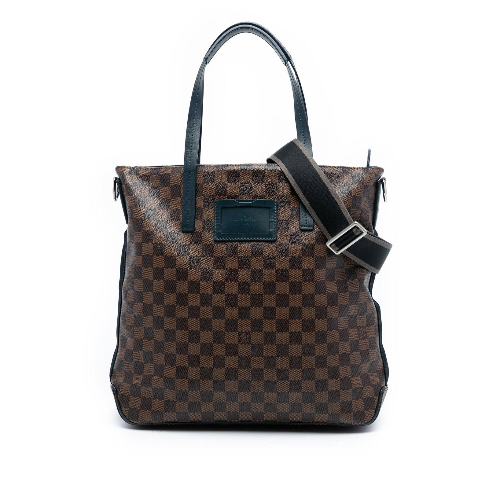 Louis Vuitton Damier Ebene Herald brown canvas tote with leather trim: Louis Vuitton Damier Ebene Herald brown canvas tote with leather trim The Louis Vuitton Damier Ebene Herald features a brown Damier Ebene canvas body with leather trim, flat leather handles, an adjust