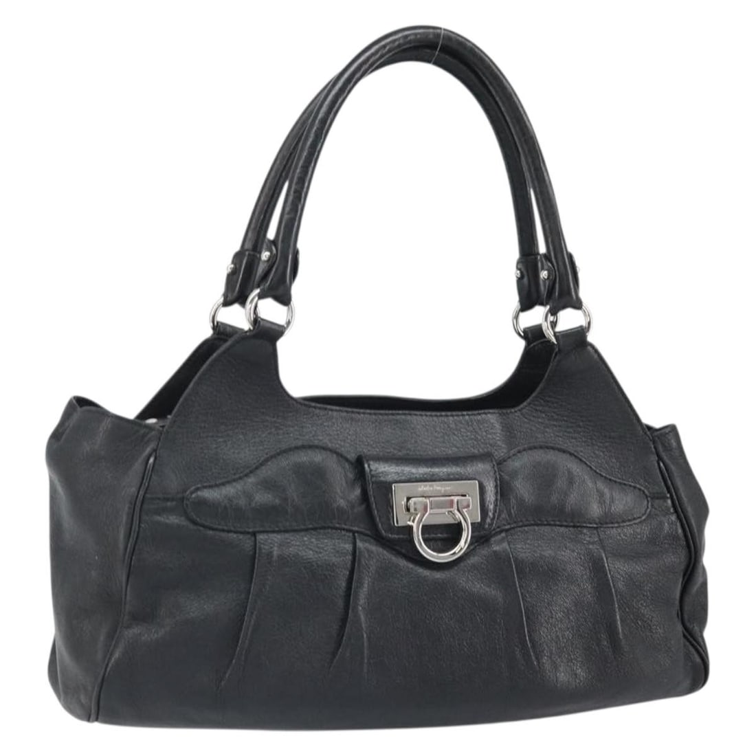 Ferragamo Gancini black leather women s handbag Italy: Ferragamo Gancini black leather women s handbag Italy This Salvatore Ferragamo Gancini hand bag features a sophisticated design crafted from black leather with silver-tone accents. The bag is designed