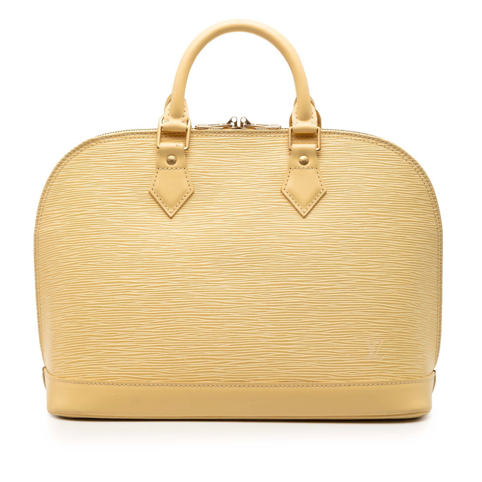 Louis Vuitton Alma PM Epi Leather Handbag in Beige: Louis Vuitton Alma PM Epi Leather Handbag in Beige This Louis Vuitton Epi Alma PM features a structured epi leather body with rolled leather handles, a top zip closure, and an interior slip pocket. Th