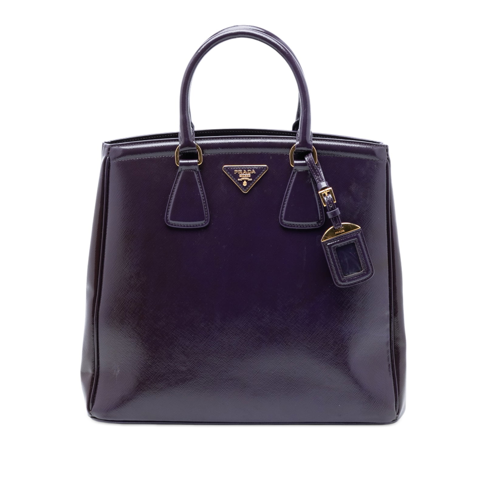 Prada purple patent leather Parabole tote bag: Prada purple patent leather Parabole tote bag This Prada Saffiano Vernice Parabole Tote features a patent saffiano leather body in purple, complemented by rolled handles and an open top design. The in