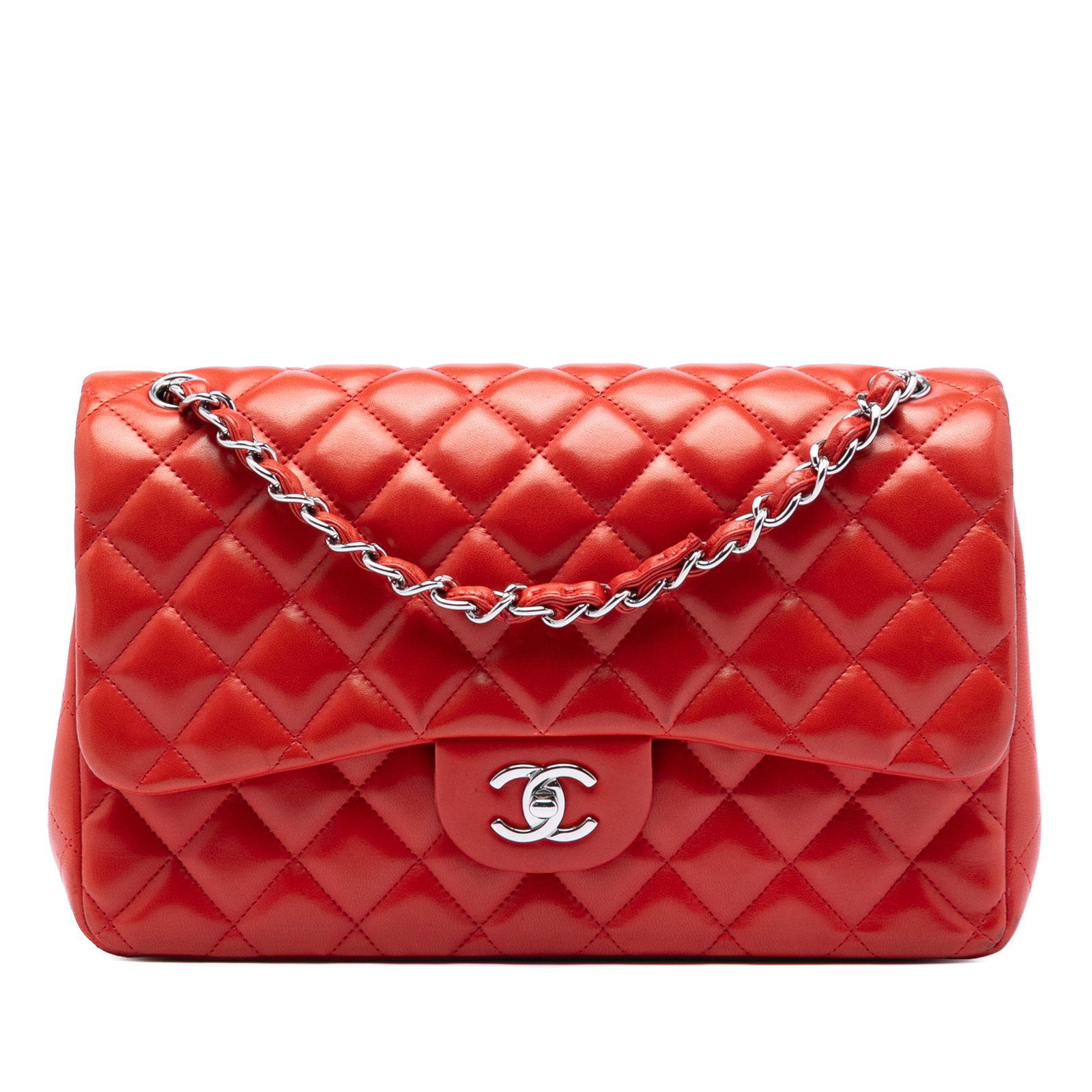 Chanel quilted red lambskin flap shoulder bag Jumbo Classic (1 of 8)