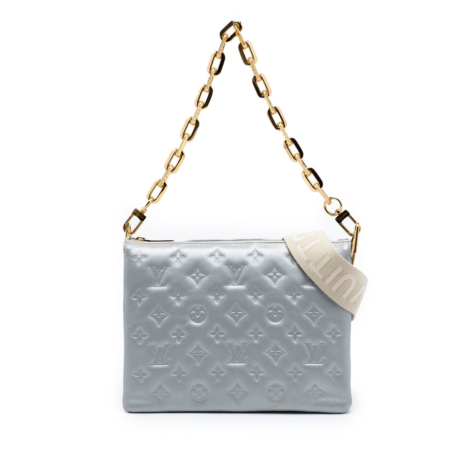 Louis Vuitton Coussin PM Silver Lambskin Chain Bag: Louis Vuitton Coussin PM Silver Lambskin Chain Bag This Louis Vuitton Monogram Embossed Puffy Lambskin Coussin PM bag features a silver puffy lambskin leather body with embossed monogram detailing. It