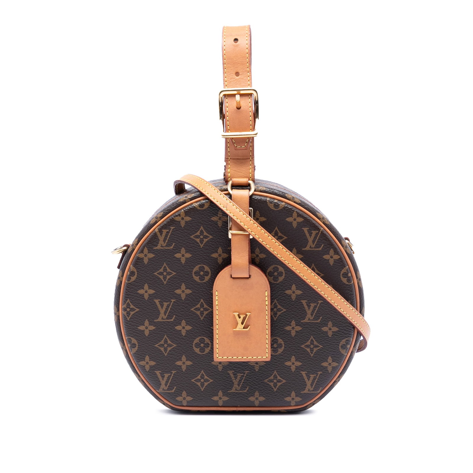 Louis Vuitton Petite Boite Chapeau Monogram Canvas Bag: Louis Vuitton Petite Boite Chapeau Monogram Canvas Bag This Louis Vuitton Monogram Petite Boite Chapeau features the iconic monogram canvas with vachetta leather trim, a flat vachetta leather handle, 
