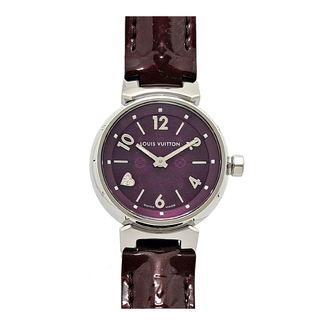 Louis Vuitton Tambour Q121D Quartz Purple Diamond Dial Ladies Watch: Louis Vuitton Tambour Q121D Quartz Purple Diamond Dial Ladies Watch This pre-owned Louis Vuitton Tambour Q121D women's watch features a stainless steel case and a purple diamond-accented dial. The wat