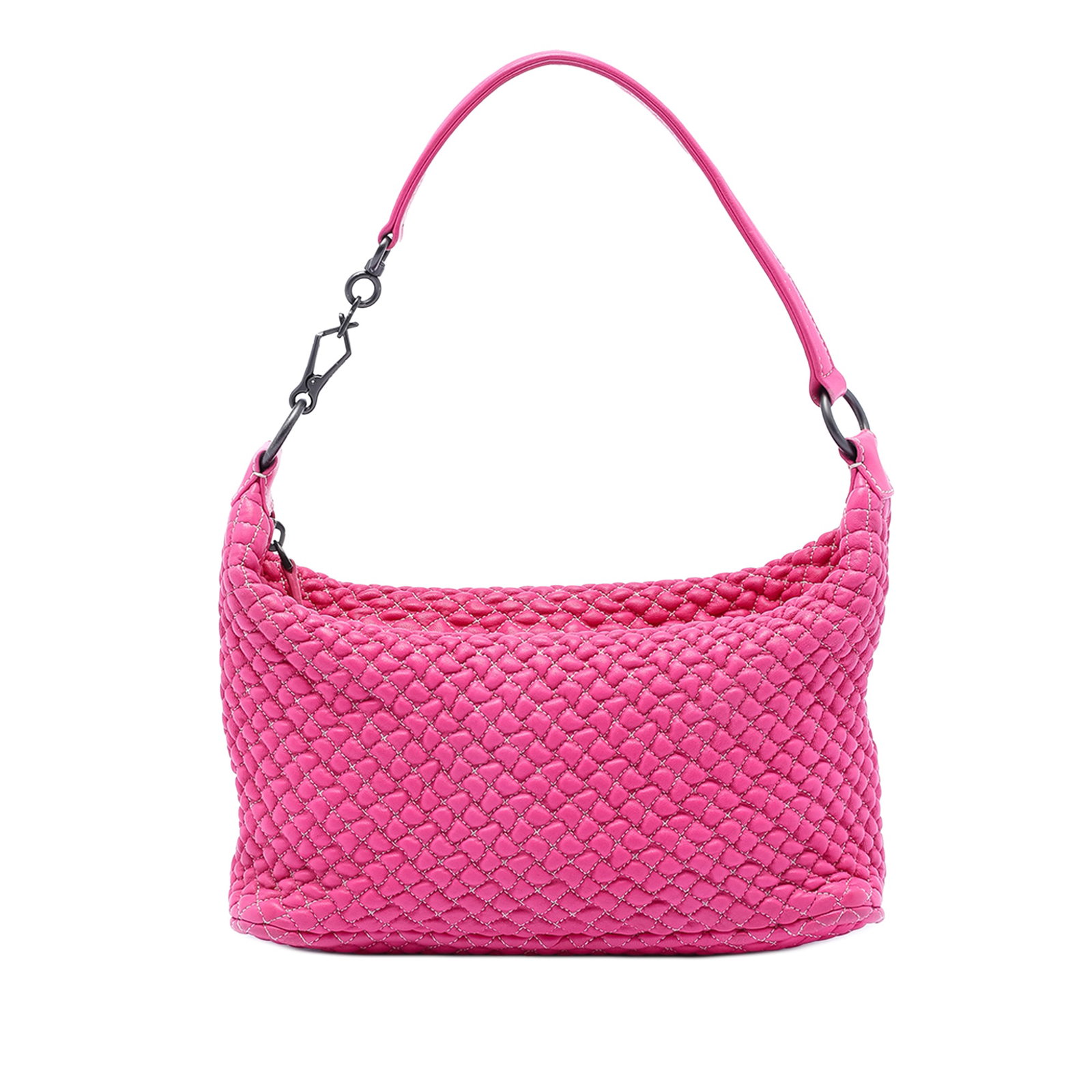 Pink Nappa Bubble Shoulder Bag by Bottega Veneta Quilted Leather: Pink Nappa Bubble Shoulder Bag by Bottega Veneta Quilted Leather This Bottega Veneta shoulder bag features a quilted leather body in pink, complemented by a flat leather handle and a top zip closure. 