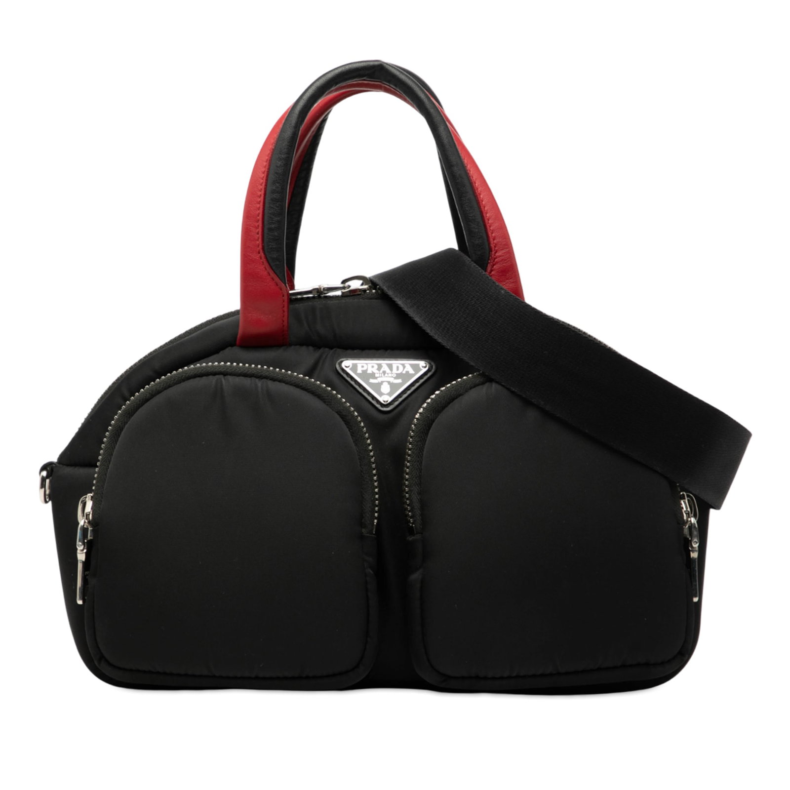 Prada Tessuto Black Nylon Satchel with Cargo Pockets and Top Handles: Prada Tessuto Black Nylon Satchel with Cargo Pockets and Top Handles This Prada Tessuto Pocket Top Handle Cargo Bag features a black nylon body with rolled handles and a detachable, adjustable flat st