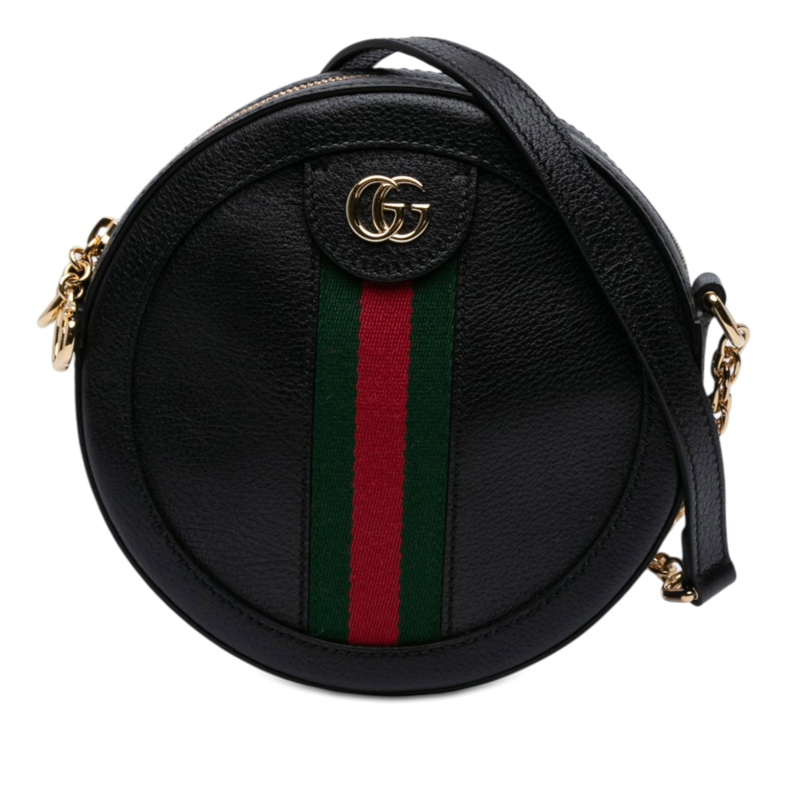 Gucci Ophidia Mini Leather Round Crossbody Bag: Gucci Ophidia Mini Leather Round Crossbody Bag This Gucci Mini Leather Ophidia Round Crossbody bag features a black leather body with signature web detailing, a chain-link strap with a leather guard, 