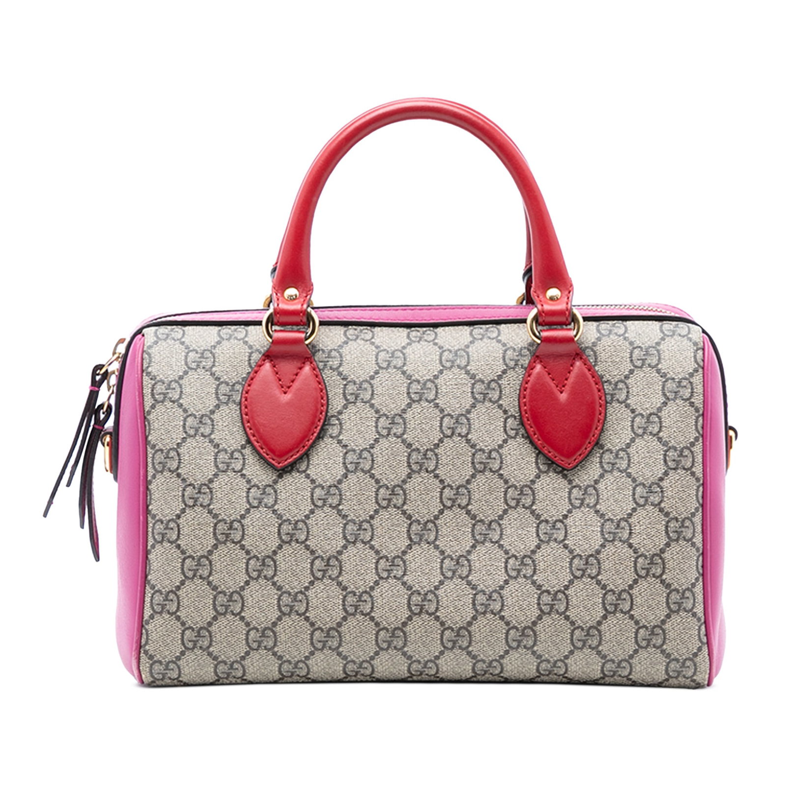 Beige Coated Canvas Satchel with Leather Trim by Gucci Small GG Supreme: Beige Coated Canvas Satchel with Leather Trim by Gucci Small GG Supreme This Gucci Small GG Supreme Satchel features a coated canvas body with leather trim, rolled leather handles, a top zip closure, 