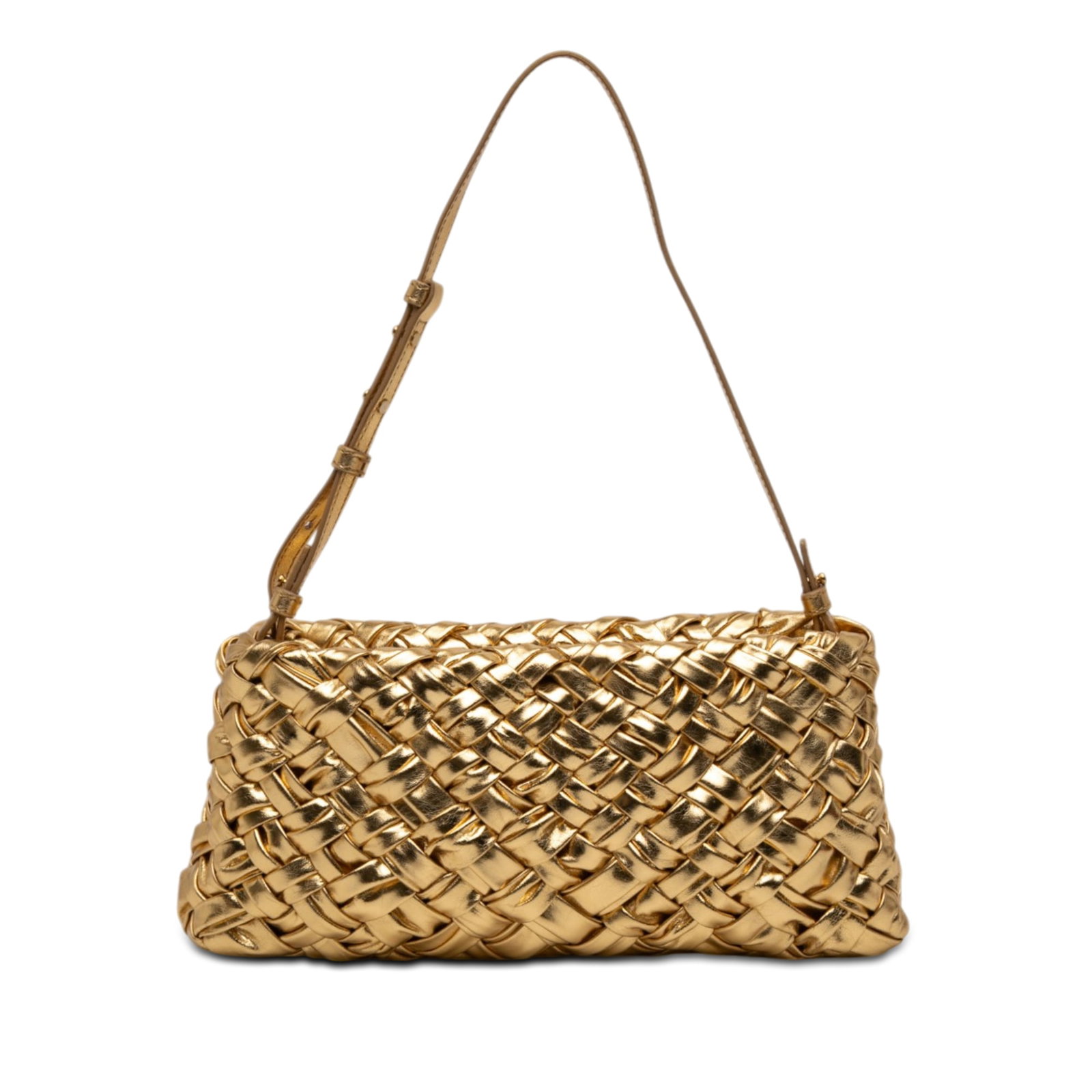 Bottega Veneta Kalimero Cha Cha metallic lambskin shoulder bag: Bottega Veneta Kalimero Cha Cha metallic lambskin shoulder bag This Bottega Veneta Metallic Lambskin Intrecciato Kalimero Cha Cha Shoulder Bag features a woven lambskin leather body in a gold metallic
