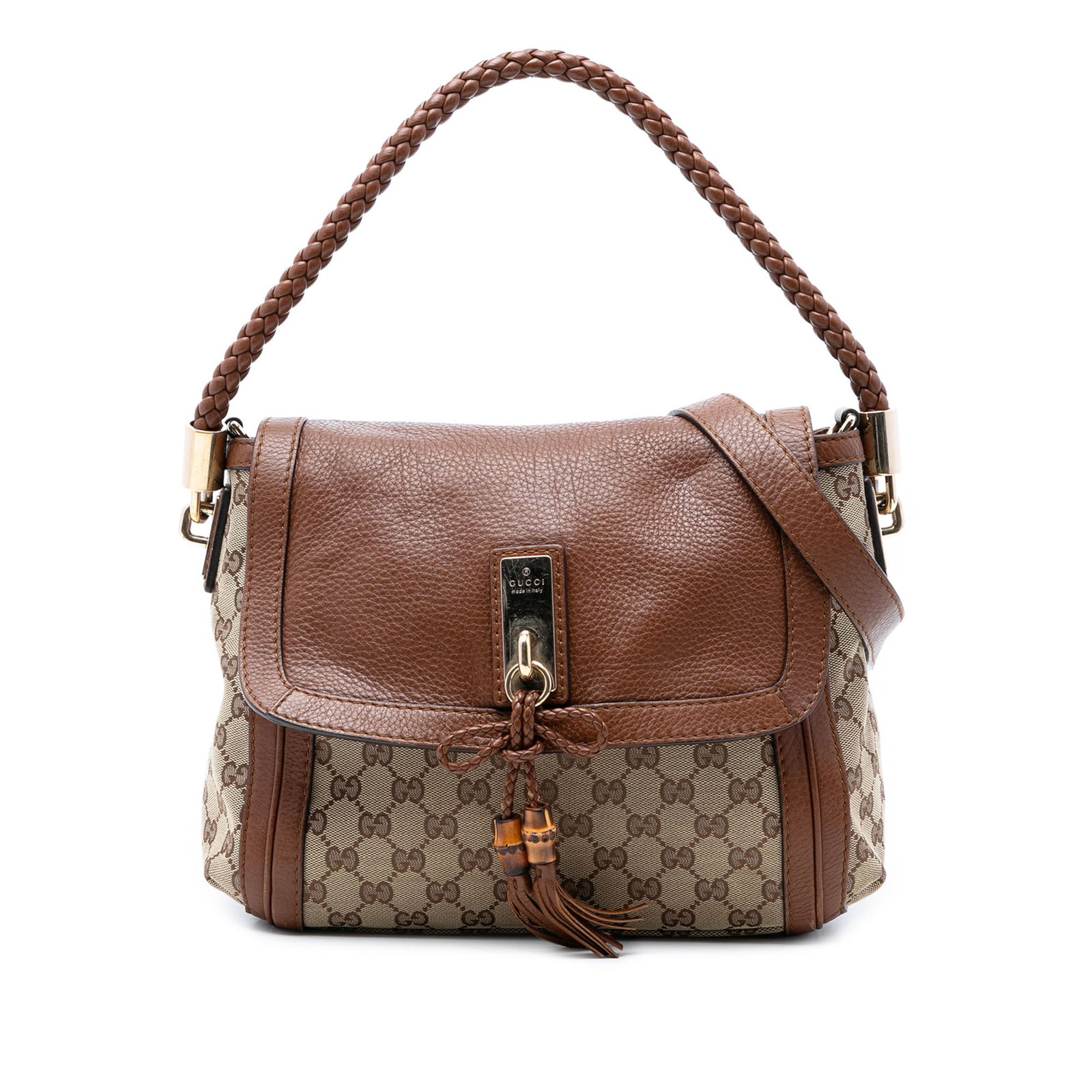 Gucci Bella satchel in GG canvas with leather trim: Gucci Bella satchel in GG canvas with leather trim This Gucci GG Canvas Bella Flap Satchel features a beige canvas body with leather trim, complemented by a braided leather handle and a detachable fla
