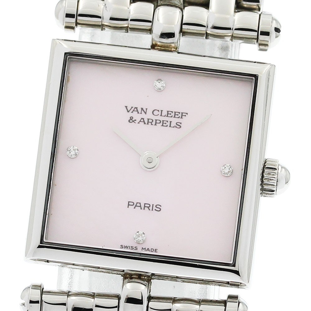Van Cleef Arpels Classic Square 522642 Pink Shell Quartz Watch: Van Cleef Arpels Classic Square 522642 Pink Shell Quartz Watch This Van Cleef & Arpels Classic Square women's wristwatch features a stainless steel case and bracelet, complemented by a pink shell dial