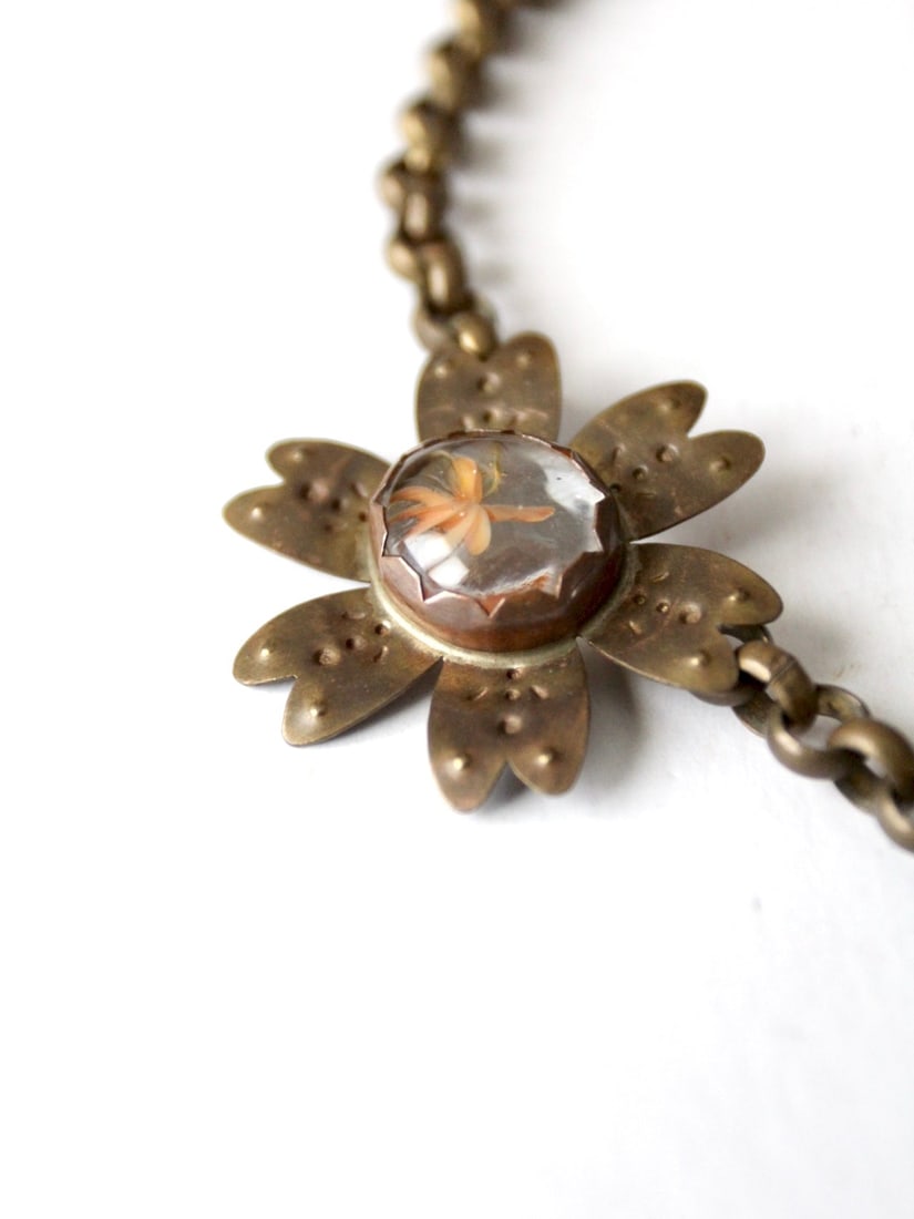 Handcrafted Vintage Floral Brutalist Necklace with Brass and Copper Flowers (1 of 2)
