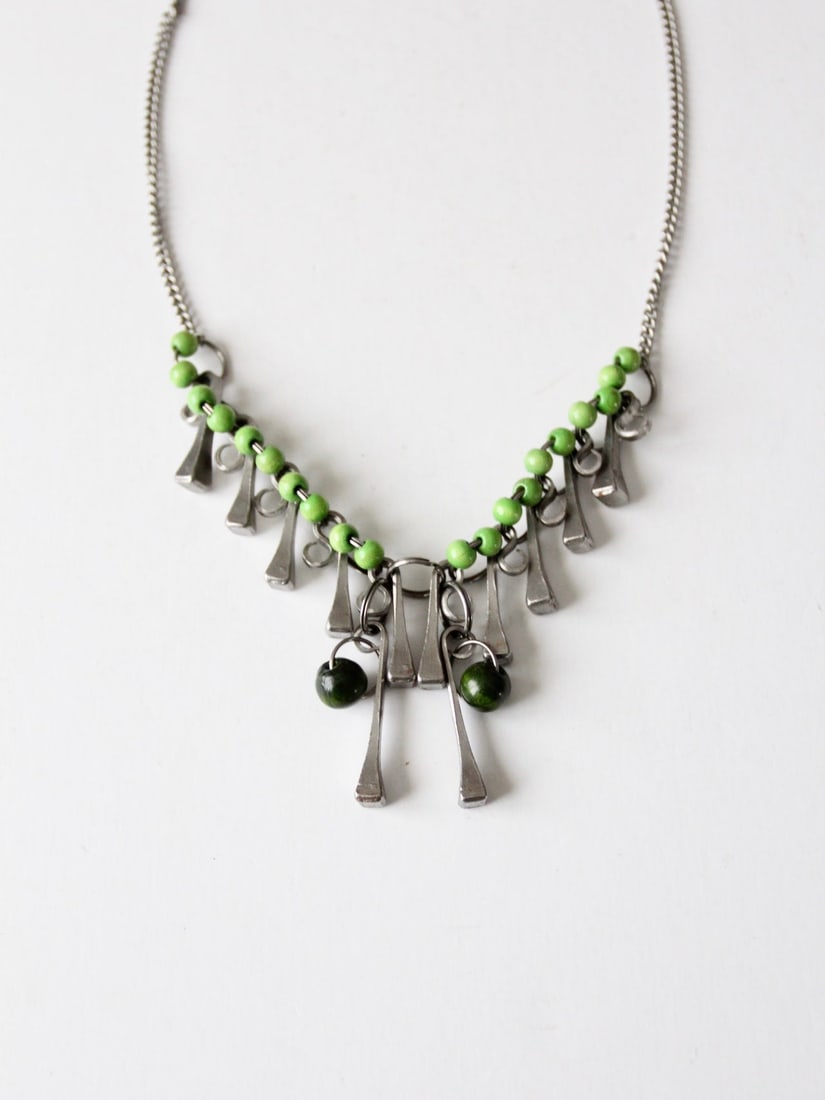 1960s Vintage Brutalist Square Head Nail Necklace with Green Beads (1 of 2)