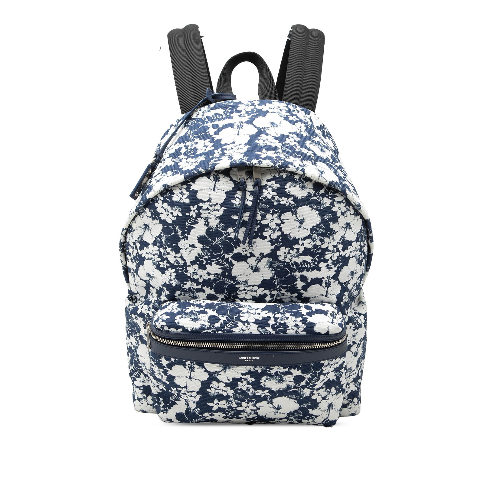 Saint Laurent Hibiscus Flower City canvas backpack: Saint Laurent Hibiscus Flower City canvas backpack This Saint Laurent Canvas Hibiscus Flower City Backpack features a canvas body with leather trim, a flat top handle, and adjustable flat back straps.