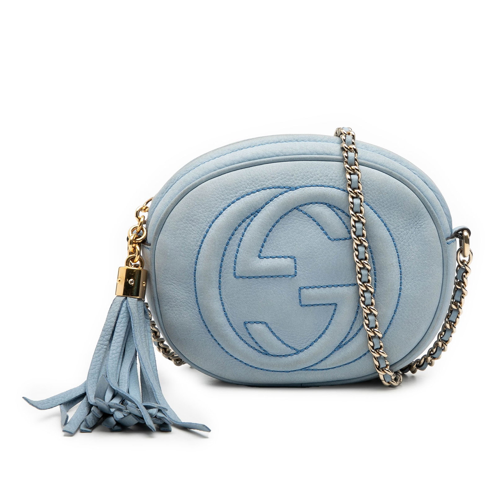 Blue Gucci Soho Mini Crossbody Bag with Nubuck Leather and Chain Strap: Blue Gucci Soho Mini Crossbody Bag with Nubuck Leather and Chain Strap This Gucci Mini Nubuck Soho Chain Crossbody bag features a blue nubuck leather body, a tassel detail, a chain link strap, a top z