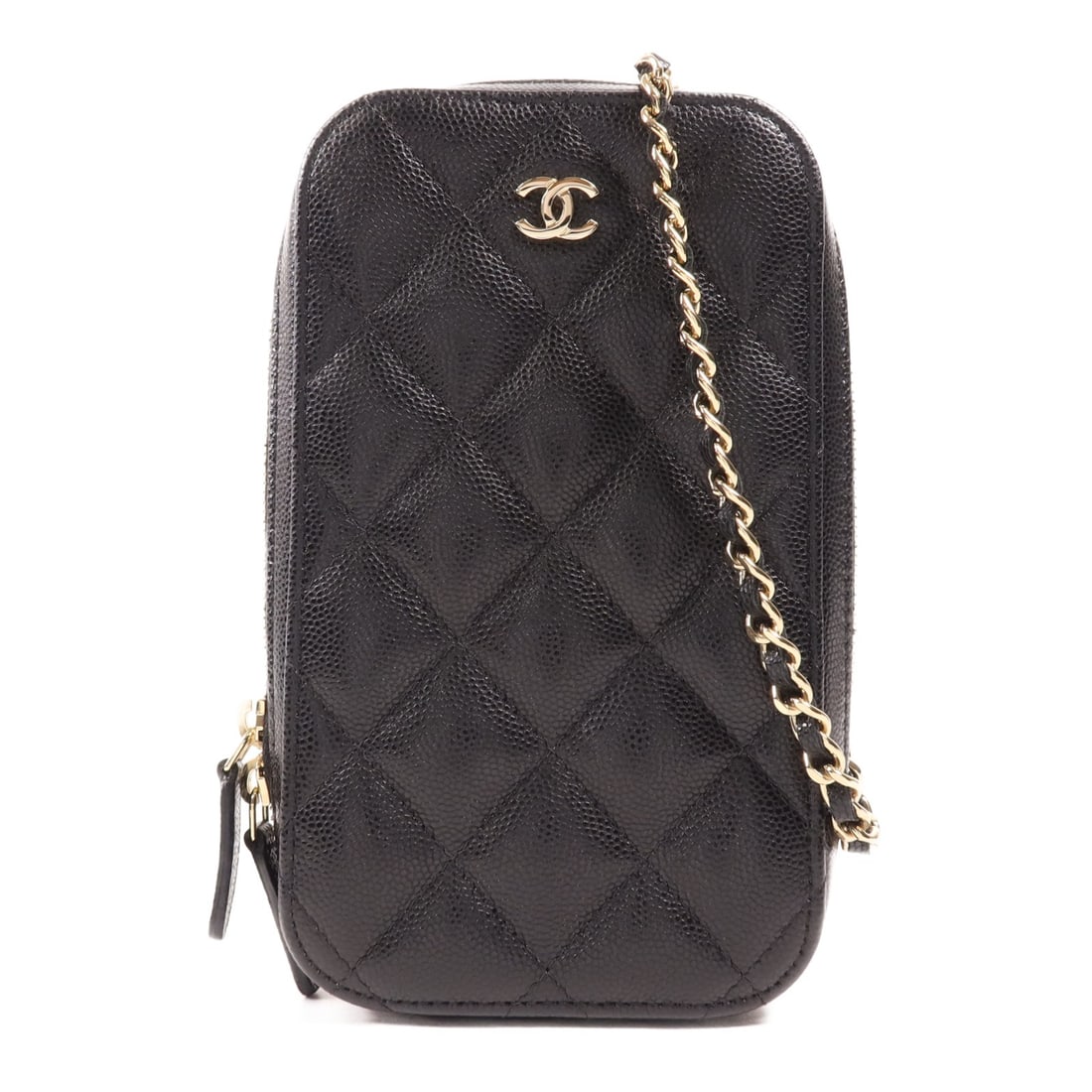 CHANEL black calfskin chain shoulder bag GHW: CHANEL black calfskin chain shoulder bag GHW This CHANEL shoulder bag features a classic black calfskin leather exterior with gold-tone chain hardware. Designed for women, it offers a compact silhouet