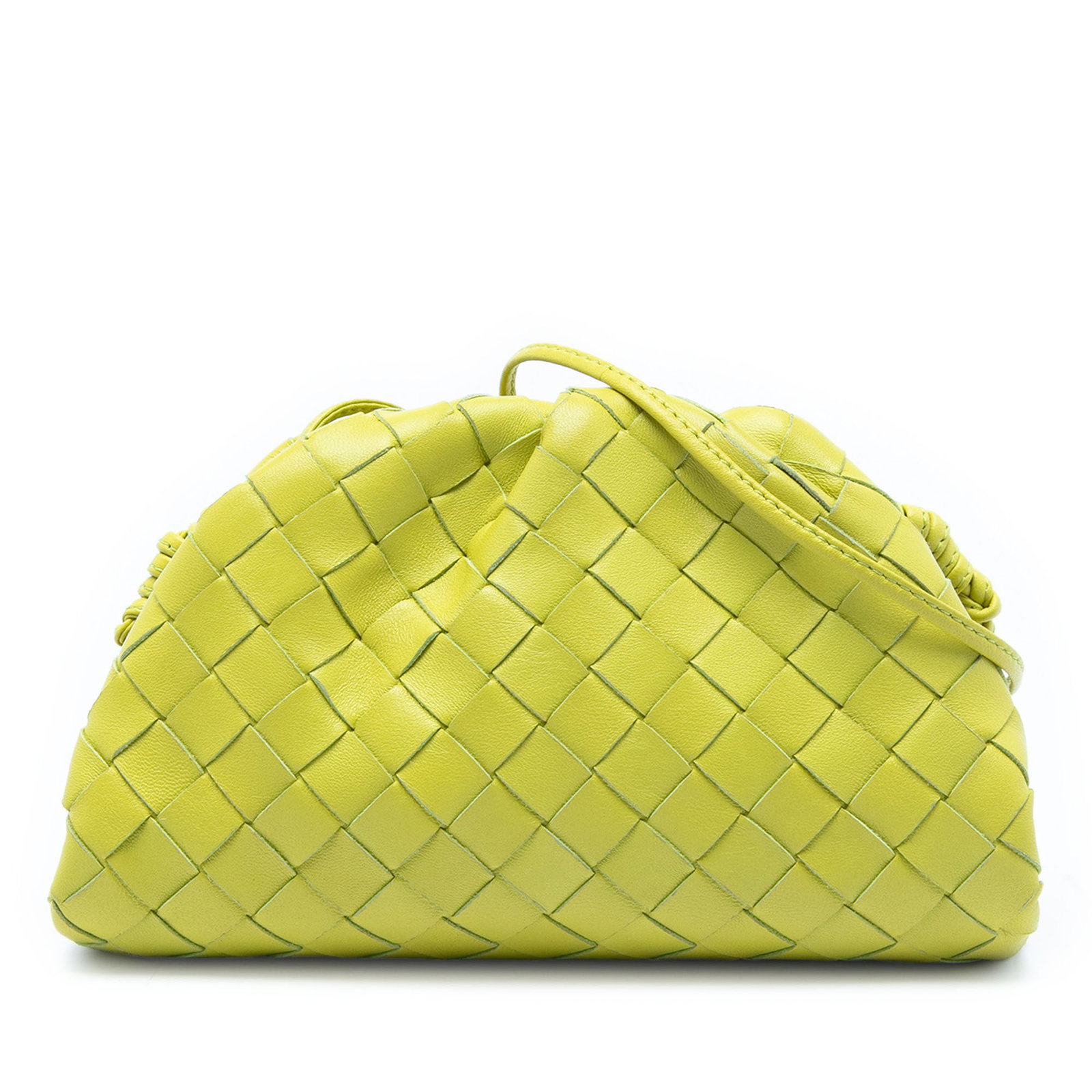Bottega Veneta Mini Pouch Intrecciato Woven Leather Crossbody Bag Yellow: Bottega Veneta Mini Pouch Intrecciato Woven Leather Crossbody Bag Yellow This Bottega Veneta Nappa Intrecciato The Mini Pouch Crossbody features a woven leather body, a flat leather strap, and a magne