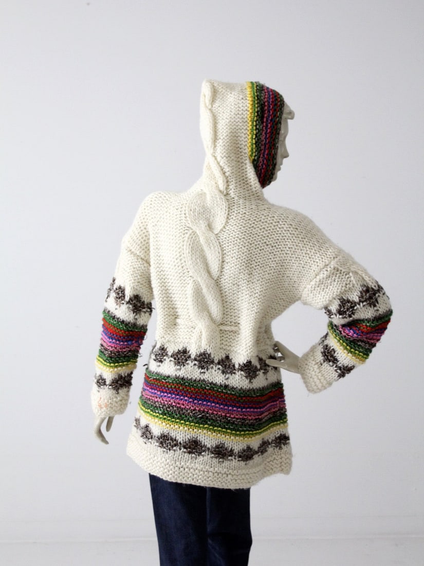 1970s Hewlett Mills Chunky Knit Hooded Sweater Cream Rainbow (1 of 6)