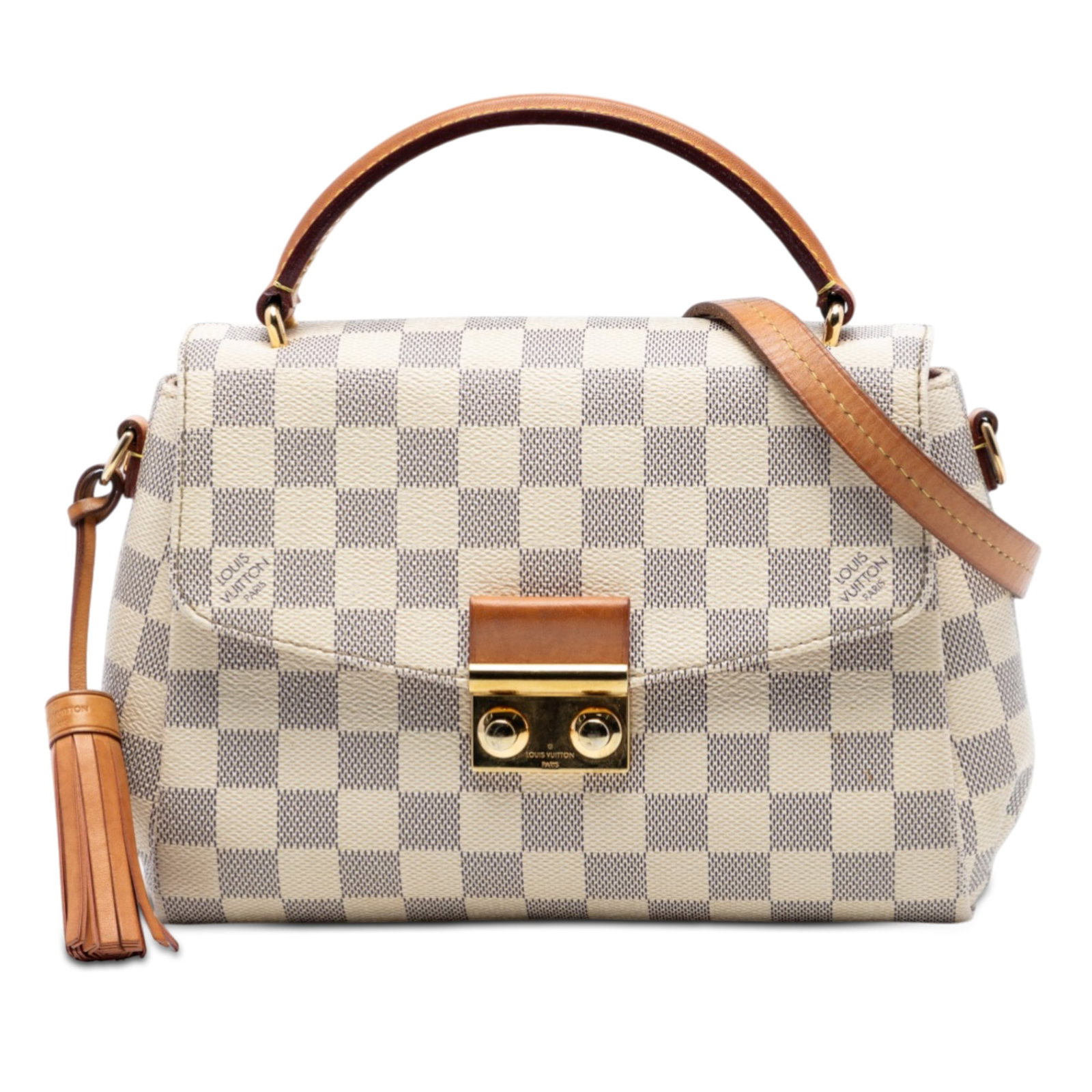 Louis Vuitton Croisette Damier Azur Canvas Bag: Louis Vuitton Croisette Damier Azur Canvas Bag This Louis Vuitton Damier Azur Croisette bag features a damier azur canvas body with vachetta leather trim, a leather tassel detail, a flat vachetta leat