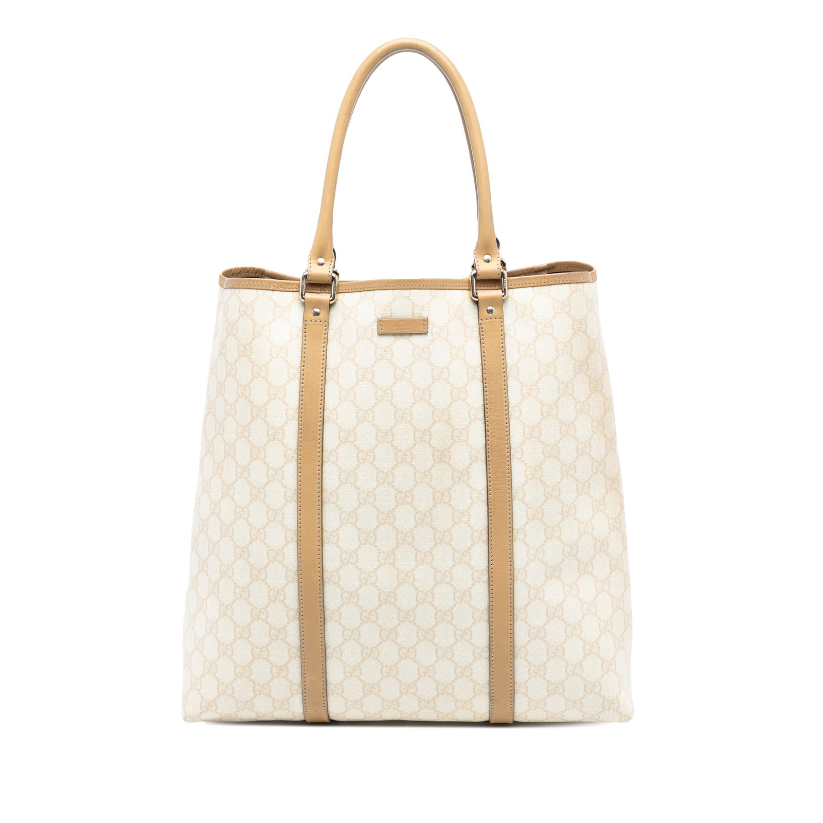 Gucci GG Supreme Joy Brown Coated Canvas Vertical Tote Bag: Gucci GG Supreme Joy Brown Coated Canvas Vertical Tote Bag This Gucci GG Supreme Joy Vertical Tote features a coated canvas body with leather trim, rolled leather handles, an open top with a magnetic 