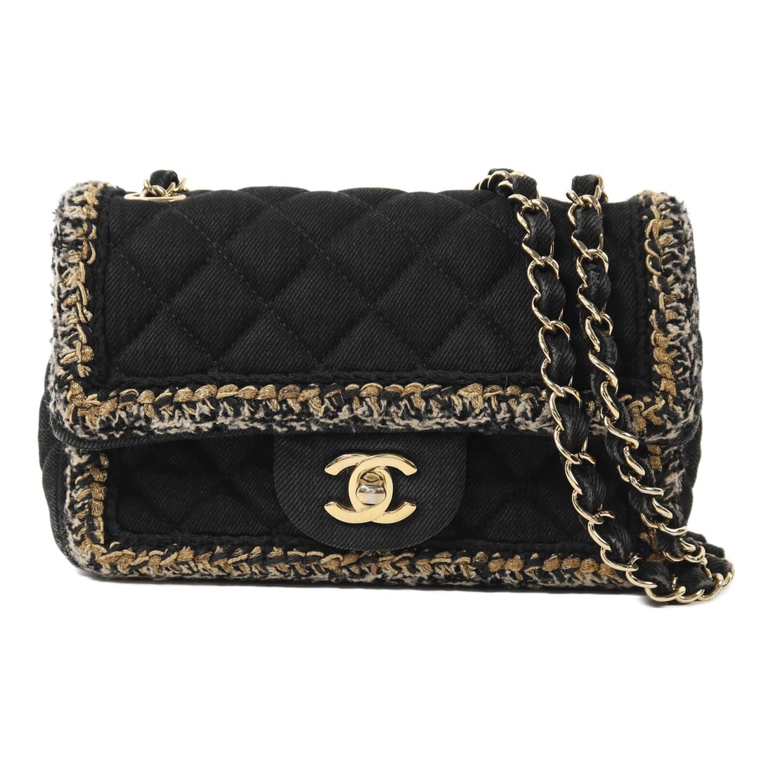 Chanel Denim Black Shoulder Bag with CC Gold Hardware: Chanel Denim Black Shoulder Bag with CC Gold Hardware This CHANEL CC chain shoulder bag features a black denim exterior with a classic chain design. Designed for women, it offers a stylish and functio
