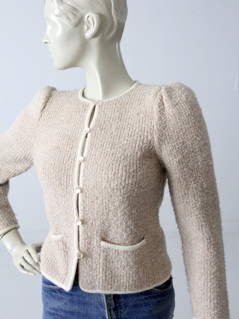 Vintage 70s Pale Pink Boucle Cardigan Jacket with Iridescent Buttons (1 of 4)