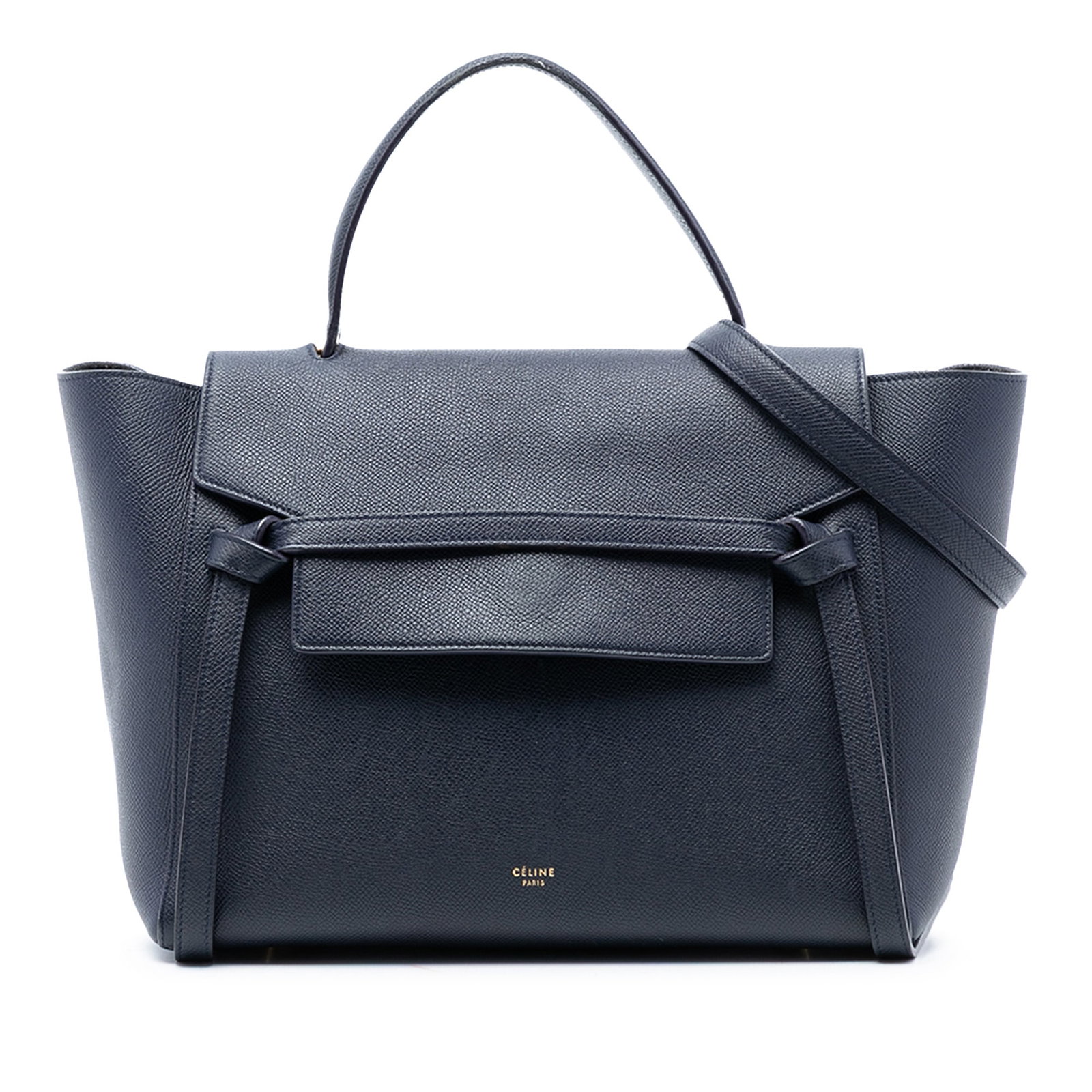 Celine Blue Grained Calfskin Mini Belt Bag: Celine Blue Grained Calfskin Mini Belt Bag This Celine Mini Grained Calfskin Belt Bag is crafted from blue grained calf leather and features a structured satchel silhouette. It includes a flat leather