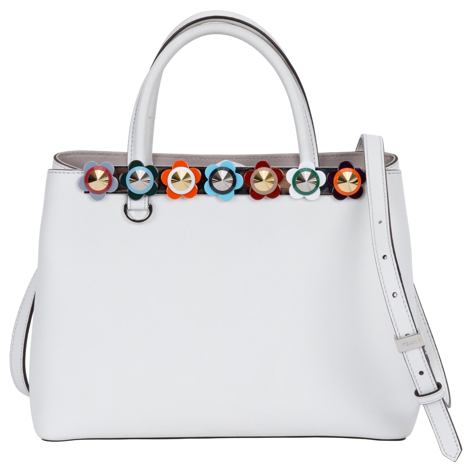 Fendi White Leather Handbag with Colorful Flower Accents (1 of 14)