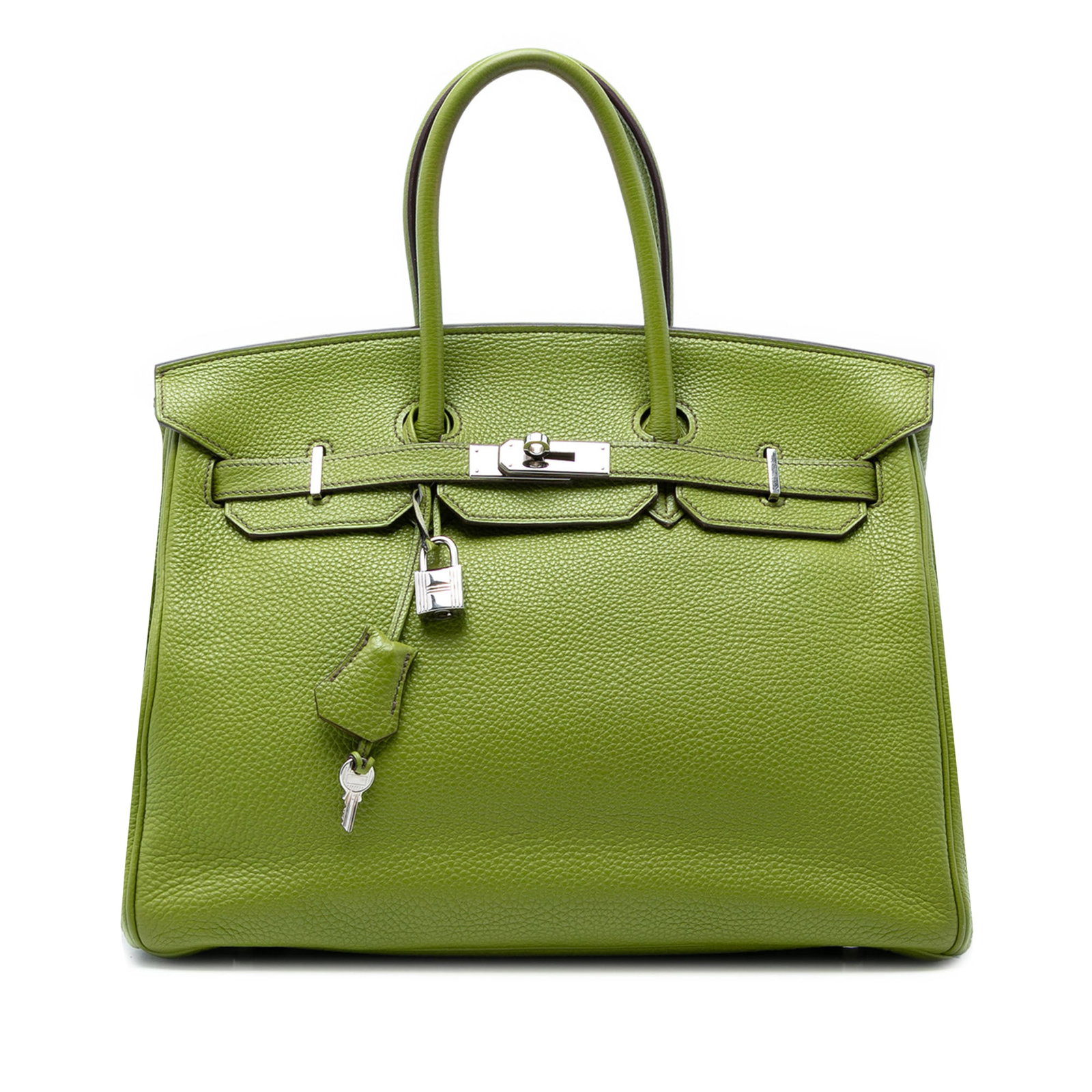 Hermes Birkin 35 Clemence Vert Anis Leather Bag: Hermes Birkin 35 Clemence Vert Anis Leather Bag This Hermes Clemence Birkin Retourne 35 is crafted from Clemence leather in a Vert Anis green color. It features rolled leather handles, a flap with a t