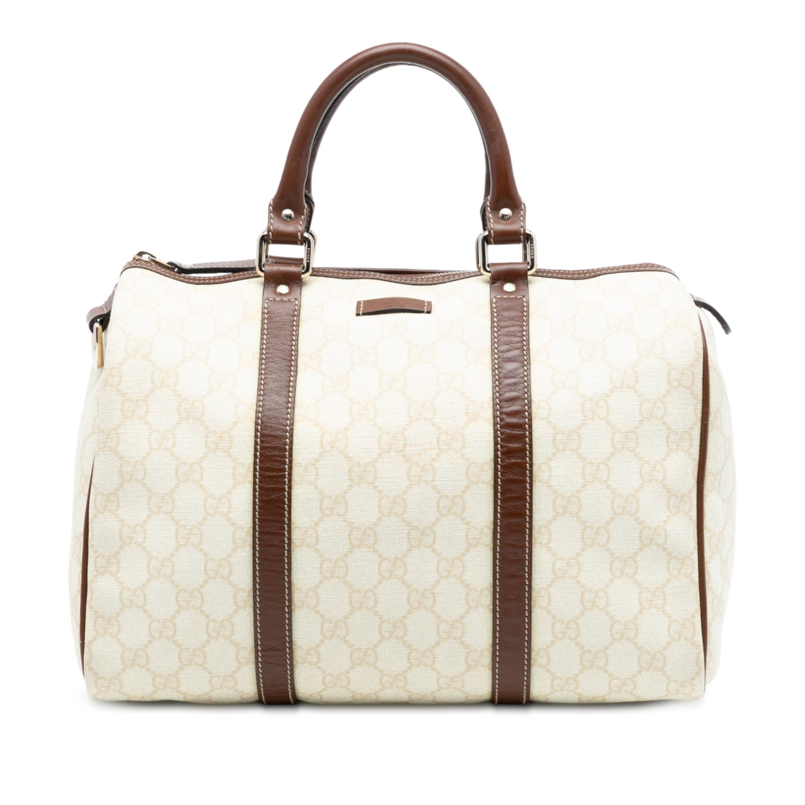 Gucci Joy Boston Bag Medium GG Supreme Canvas with Leather Trim: Gucci Joy Boston Bag Medium GG Supreme Canvas with Leather Trim This medium Gucci GG Supreme Joy Boston Bag features a coated canvas body with leather trim, rolled leather handles, a top zip closure, 