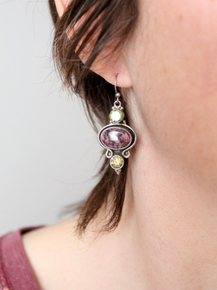 Vintage Sterling Silver Rhodonite Drop Earrings with Crystals (1 of 2)