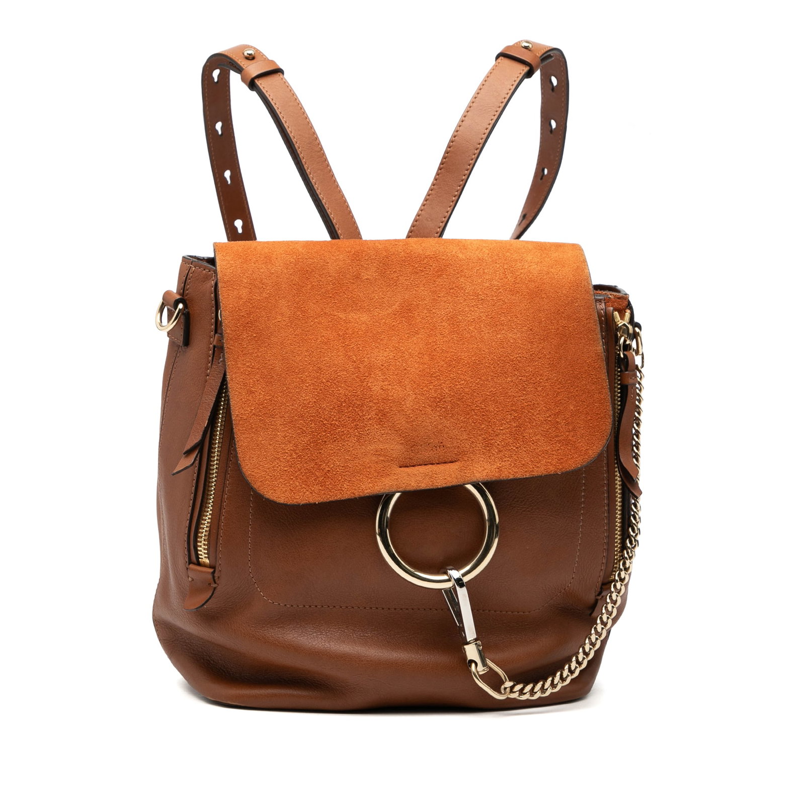 Medium Faye Backpack in Calfskin and Suede by Chloe: Medium Faye Backpack in Calfskin and Suede by Chloe This Chloe Medium Calfskin and Suede Faye Backpack features a leather body with zip details, adjustable flat back straps, a detachable shoulder stra