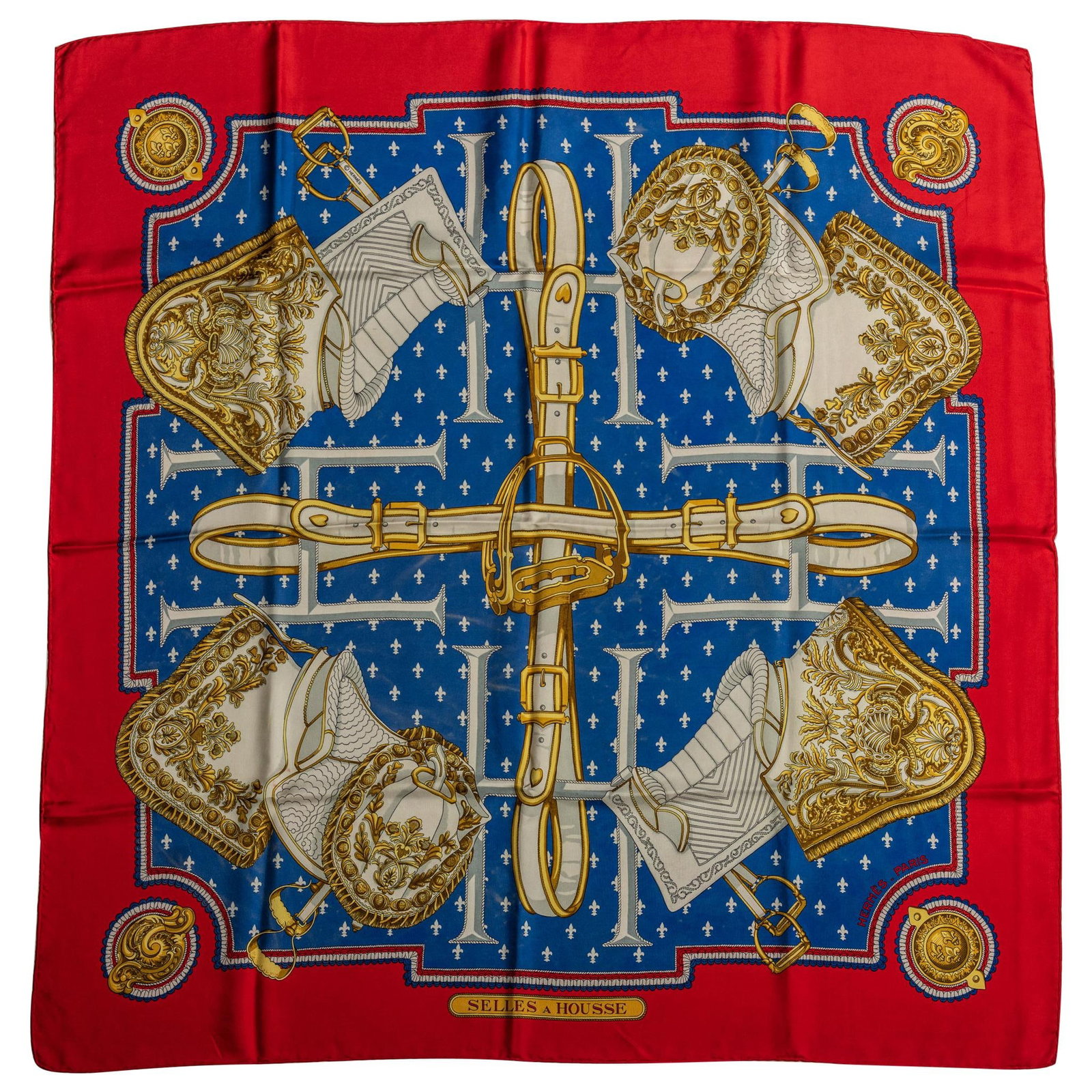 Hermes Red Silk Selles a Housse Scarf 35x35 Hand-Rolled Edges (1 of 4)