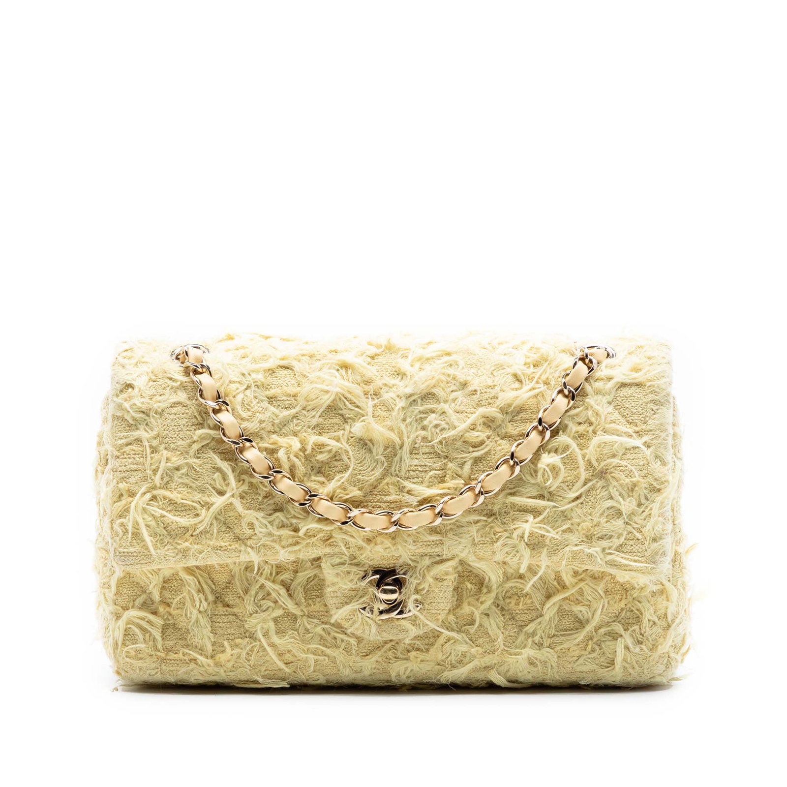 Chanel yellow tweed flap shoulder bag with chain strap (1 of 8)