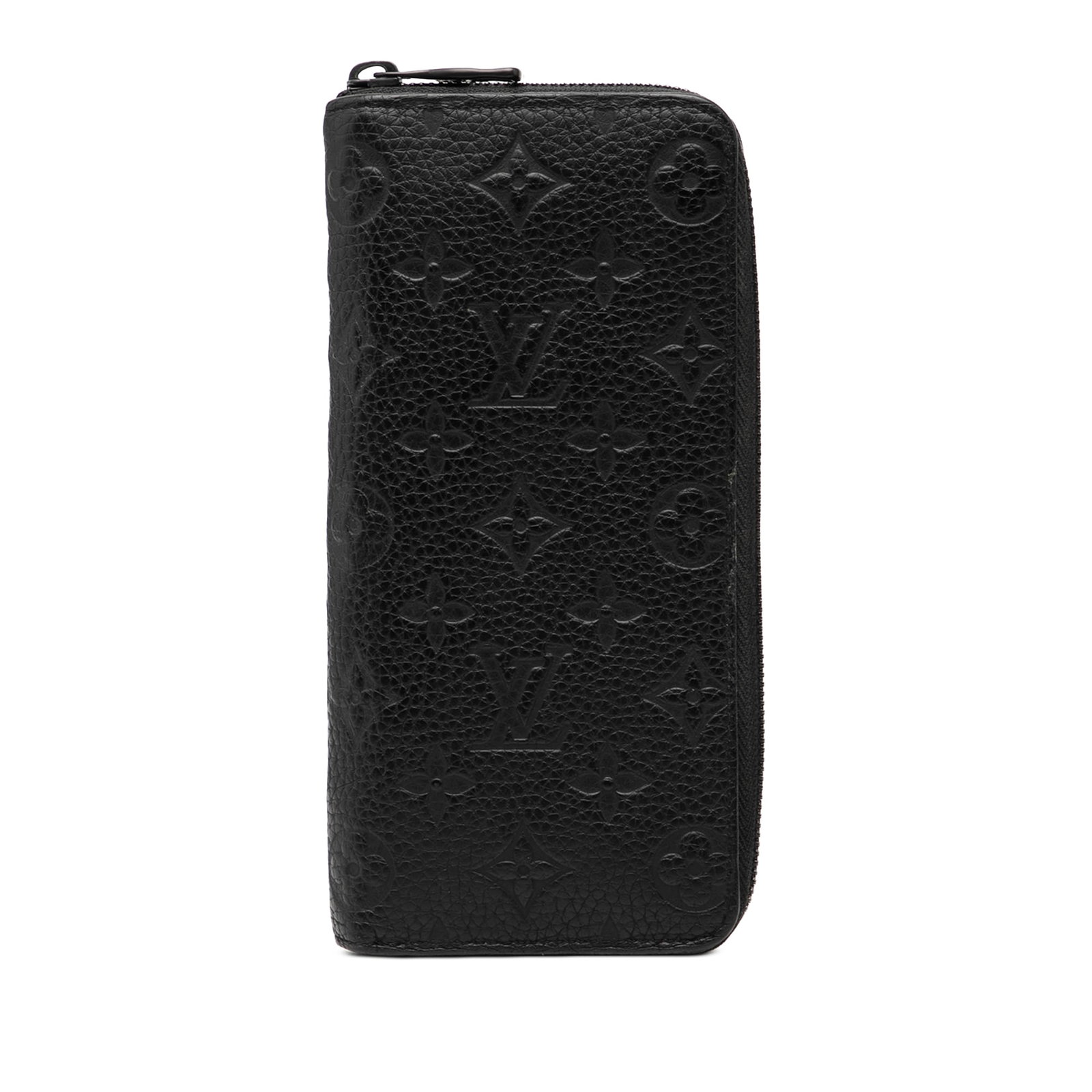 Black Leather Vertical Zip Wallet by Louis Vuitton Monogram Empreinte: Black Leather Vertical Zip Wallet by Louis Vuitton Monogram Empreinte This Louis Vuitton Monogram Empreinte Vertical Zippy Wallet is crafted from monogram-embossed leather and features a zip-around cl