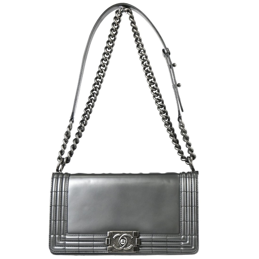 CHANEL Boy Gray Patent Leather Medium Chain Shoulder Bag: CHANEL Boy Gray Patent Leather Medium Chain Shoulder Bag This CHANEL Boy shoulder bag features a gray patent leather exterior with a quilted design and a silver-tone push lock closure. The medium-size