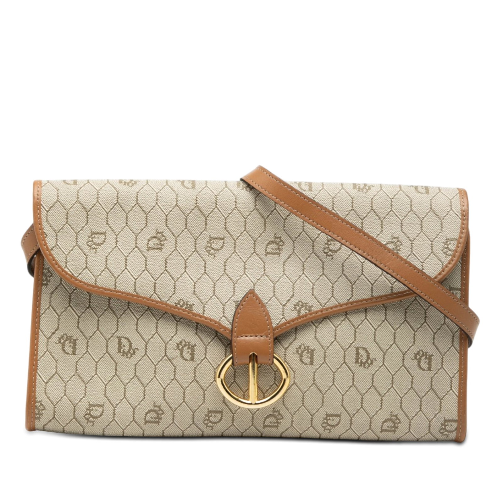 Dior Honeycomb Coated Canvas Beige Crossbody Bag: Dior Honeycomb Coated Canvas Beige Crossbody Bag This Dior Honeycomb crossbody bag features a beige coated canvas body with leather trim and a flat leather strap. It is designed with a top flap secure