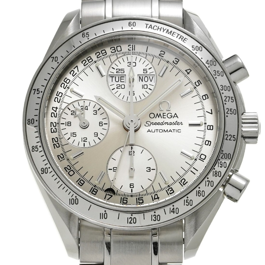 OMEGA Speedmaster 3523.30 Triple Calendar Chronograph Steel Watch: OMEGA Speedmaster 3523.30 Triple Calendar Chronograph Steel Watch This OMEGA Speedmaster Triple Calendar 3523.30 is a men's wristwatch featuring a silver dial and stainless steel case, bezel, and