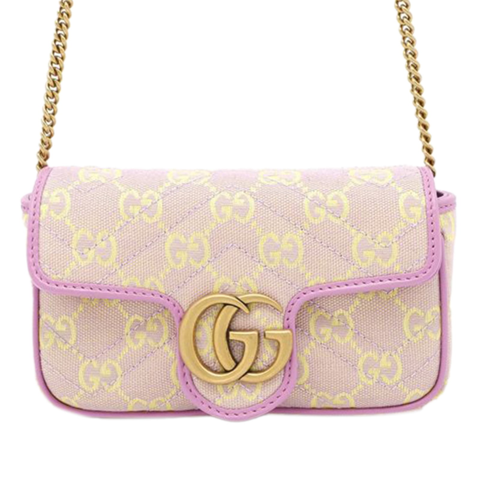 Super Mini GG Marmont Canvas Crossbody Bag by Gucci: Super Mini GG Marmont Canvas Crossbody Bag by Gucci This Gucci Super Mini GG Marmont Matelasse GG Canvas Flap Crossbody bag features a canvas body with leather trim, a chain link strap, and a front fl